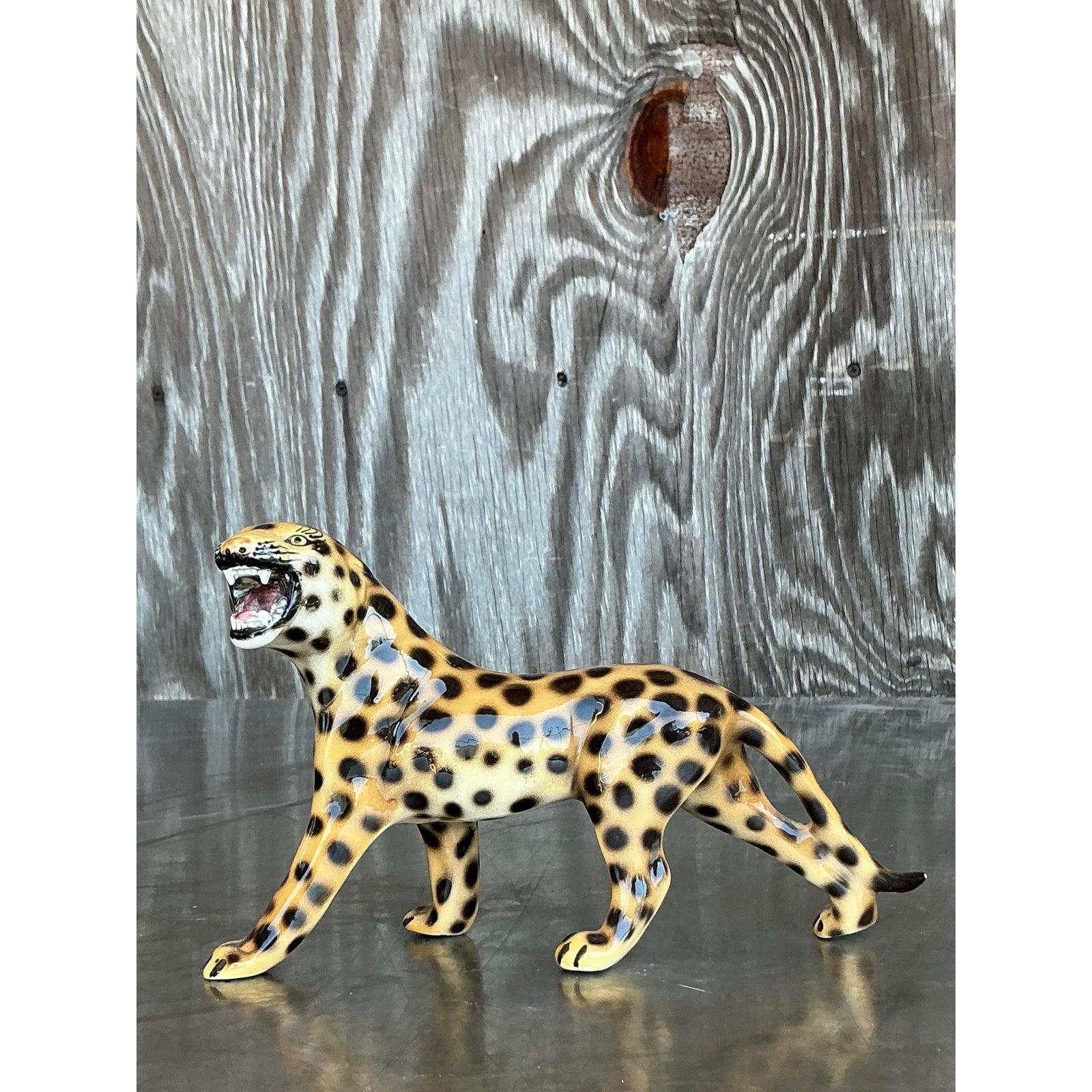 Vintage Italian Glazed Ceramic Leopard Figurine In Good Condition For Sale In west palm beach, FL