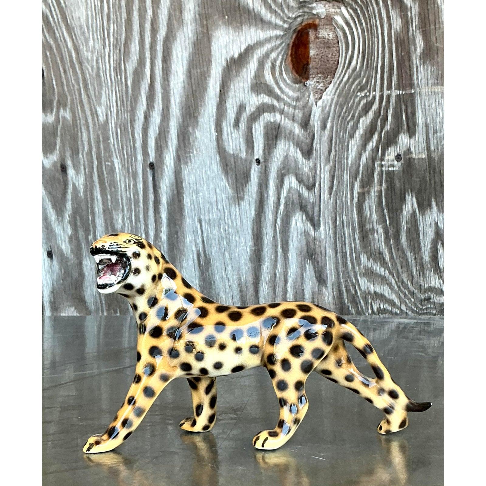 Vintage Italian Glazed Ceramic Leopard Figurine For Sale 1