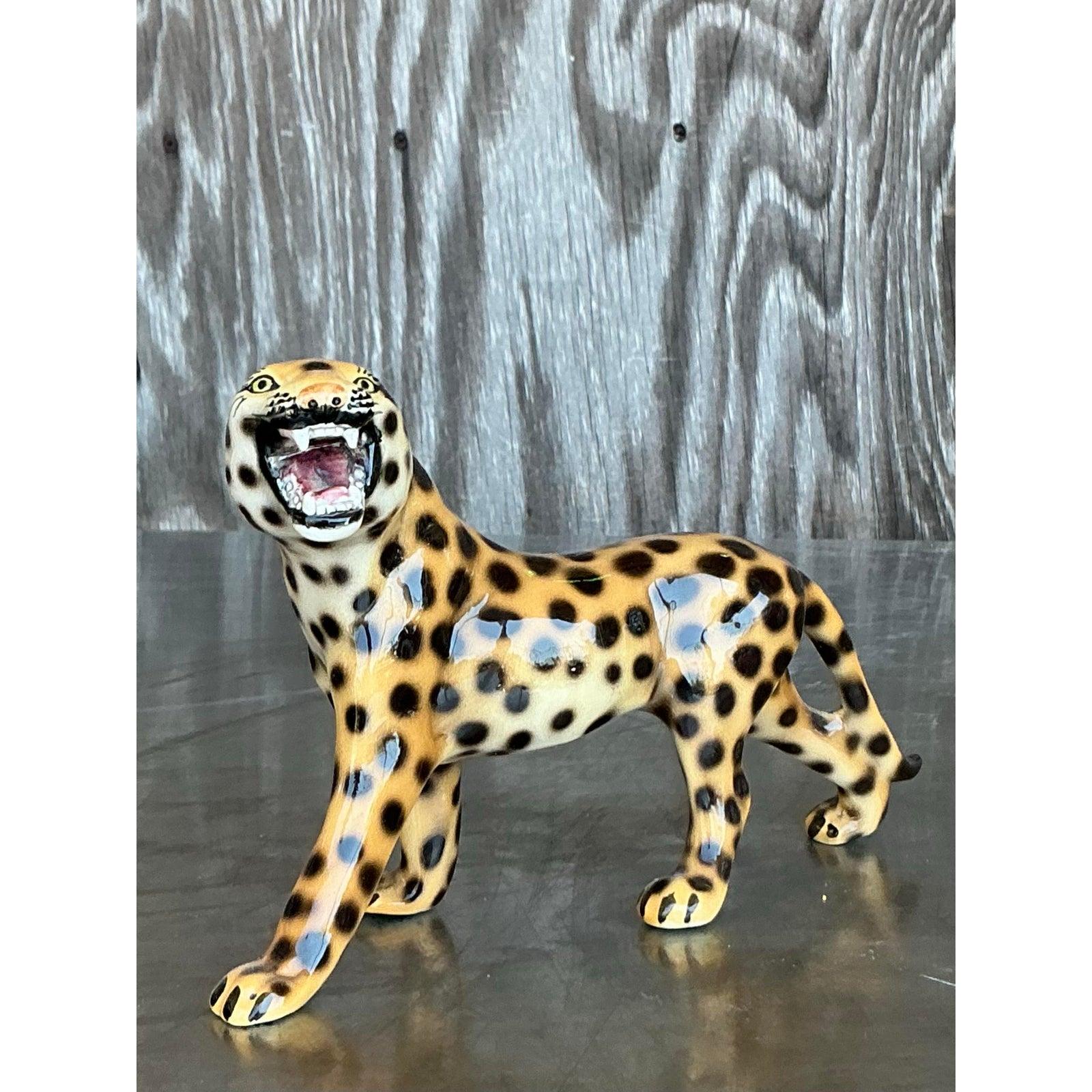 Vintage Italian Glazed Ceramic Leopard Figurine For Sale 3