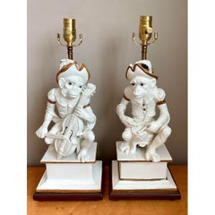 Vintage Italian Glazed Ceramic Monkey Musician Lamps - A Pair