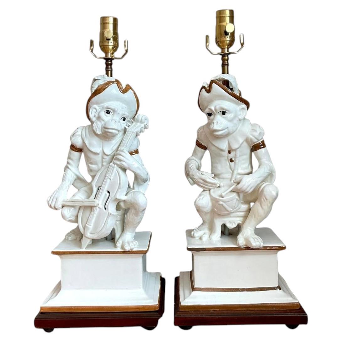 Vintage Italian Glazed Ceramic Monkey Musician Lamps - A Pair