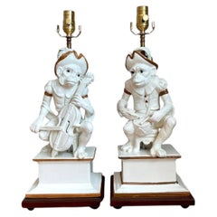 Vintage Italian Glazed Ceramic Monkey Musician Lamps - A Pair