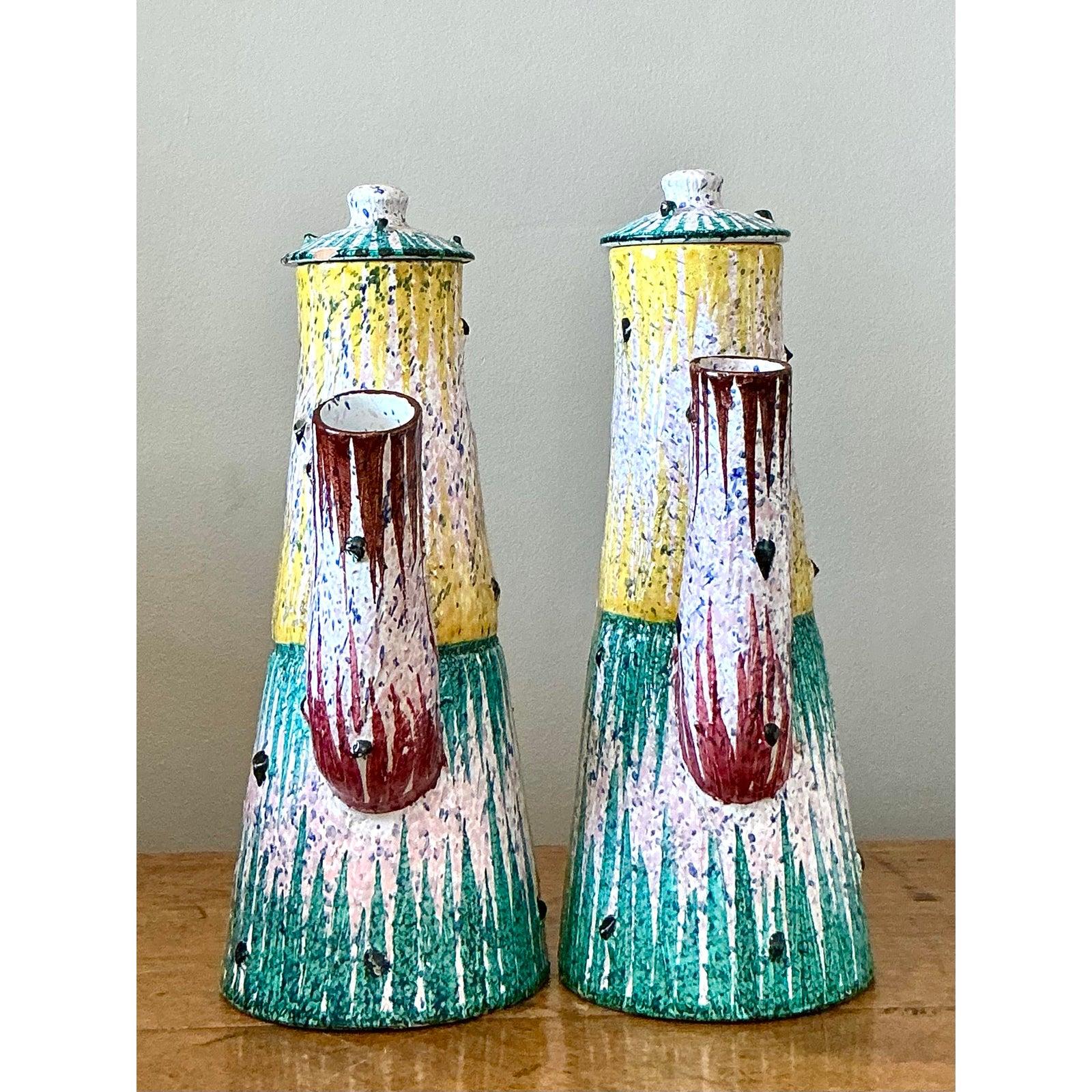Mid-Century Modern Vintage Italian Glazed Ceramic Pitchers - Set of Two For Sale