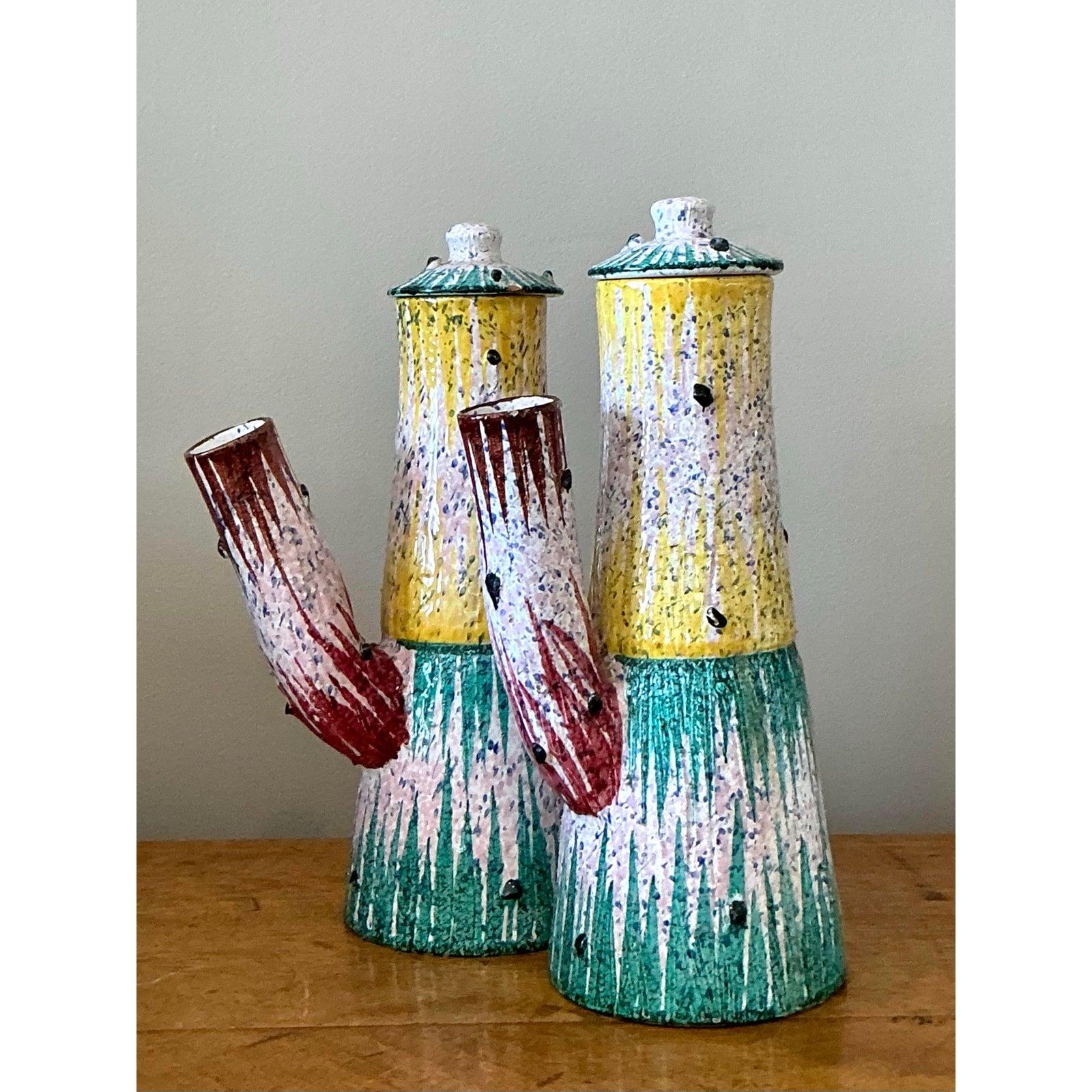 Vintage Italian Glazed Ceramic Pitchers - Set of Two In Good Condition For Sale In West Palm Beach, FL