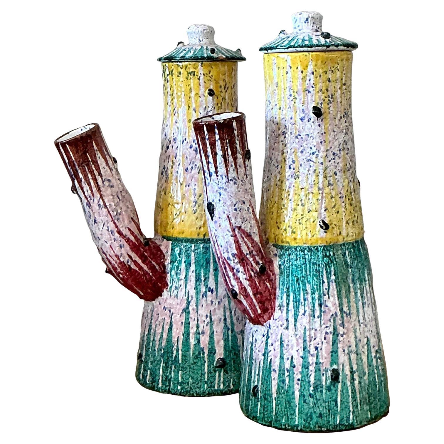 Vintage Italian Glazed Ceramic Pitchers - Set of Two For Sale
