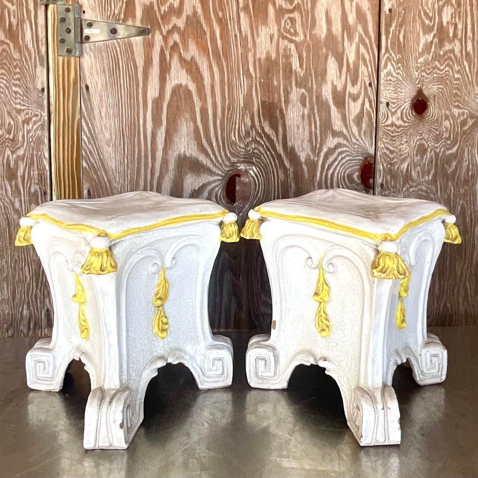 A fabulous pair of vintage Boho garden stools. Beautiful hand painted detail with a glazed ceramic finish. Lots of great nicks lend it an air of authenticity, but easily fixed if you prefer. Acquired from a Palm Beach estate. 