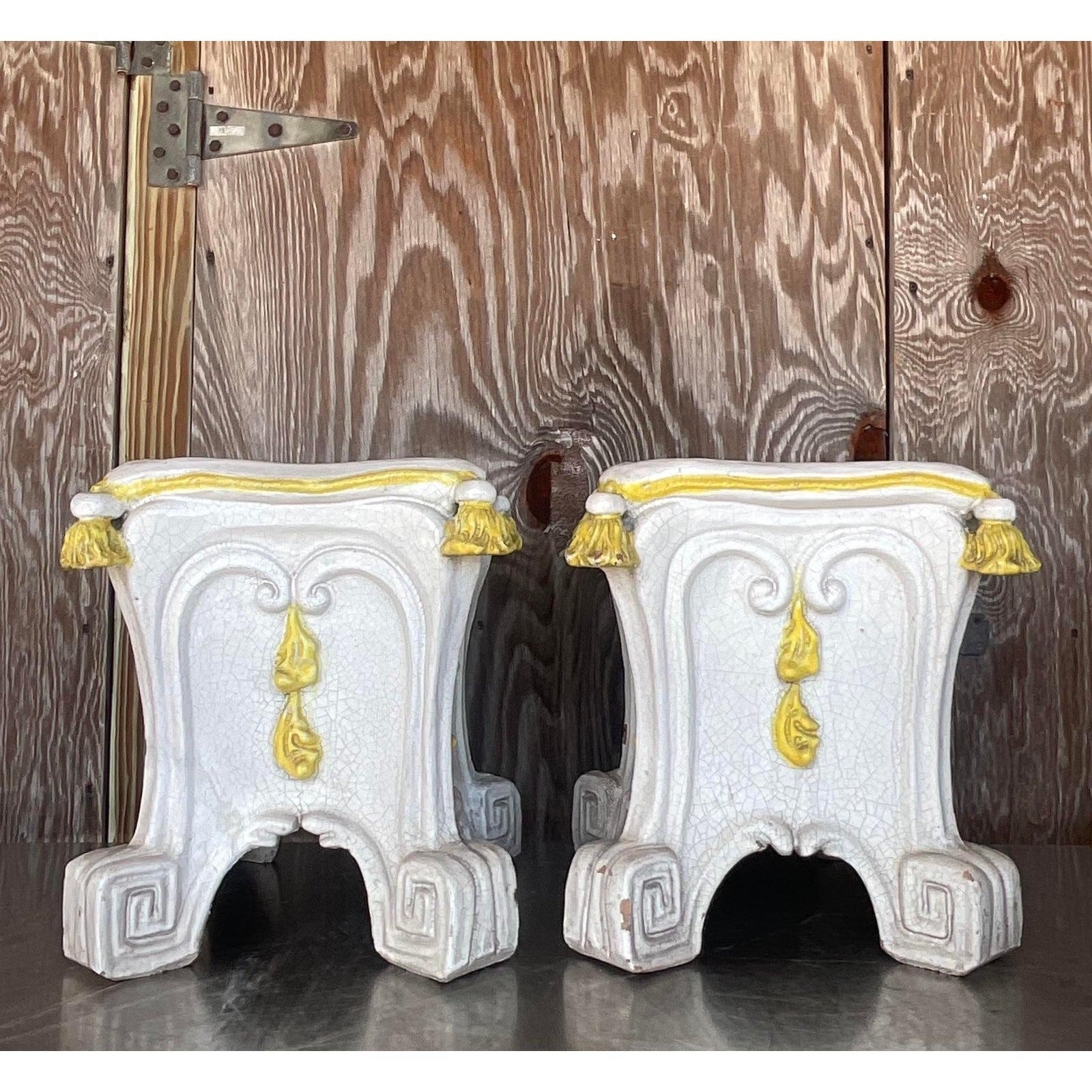 Vintage Italian Glazed Ceramic Stools - a Pair In Good Condition In west palm beach, FL