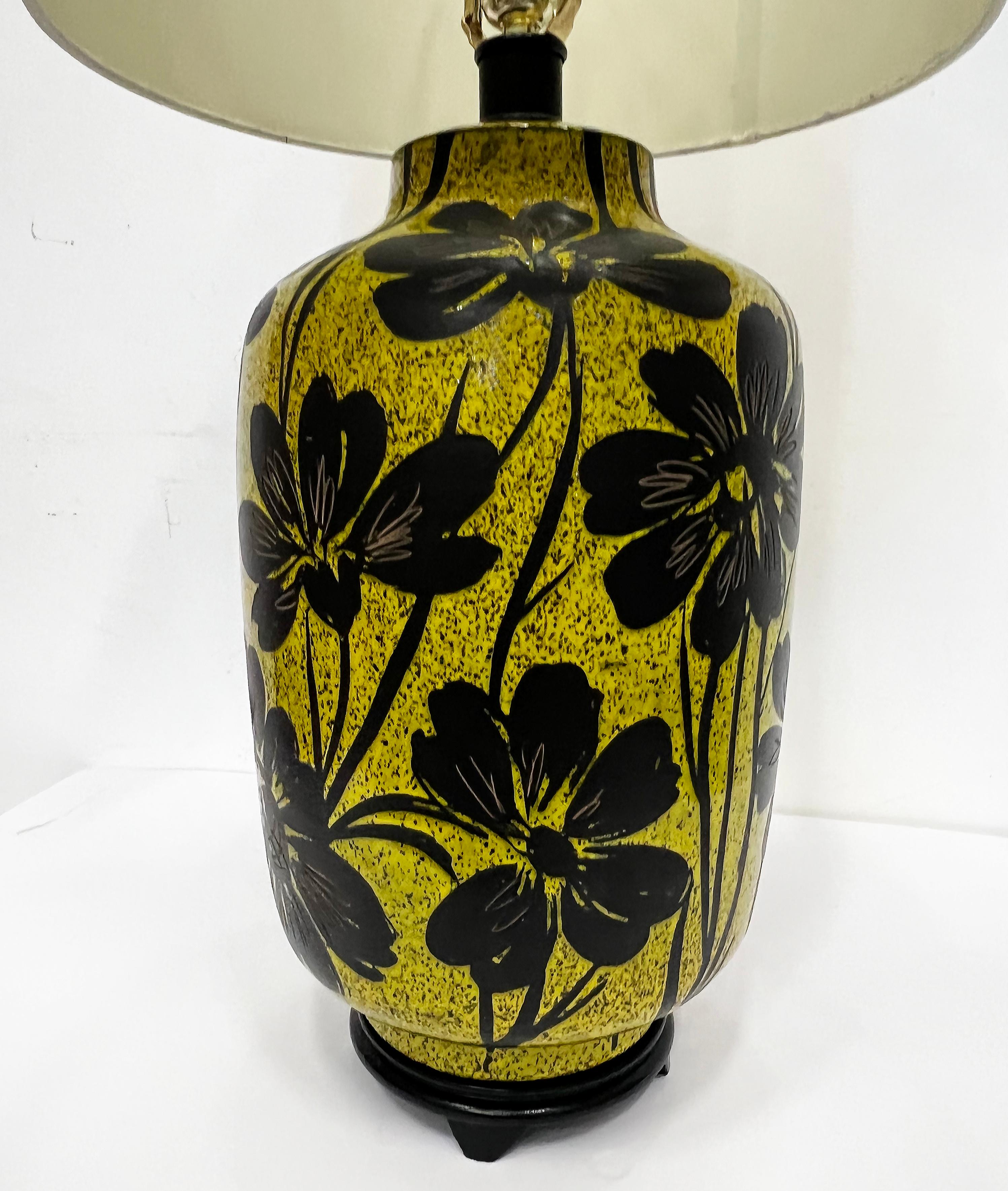 20th Century Vintage Italian Glazed Ceramic Table Lamp, Hand-Painted Flowers, Oriental Base For Sale