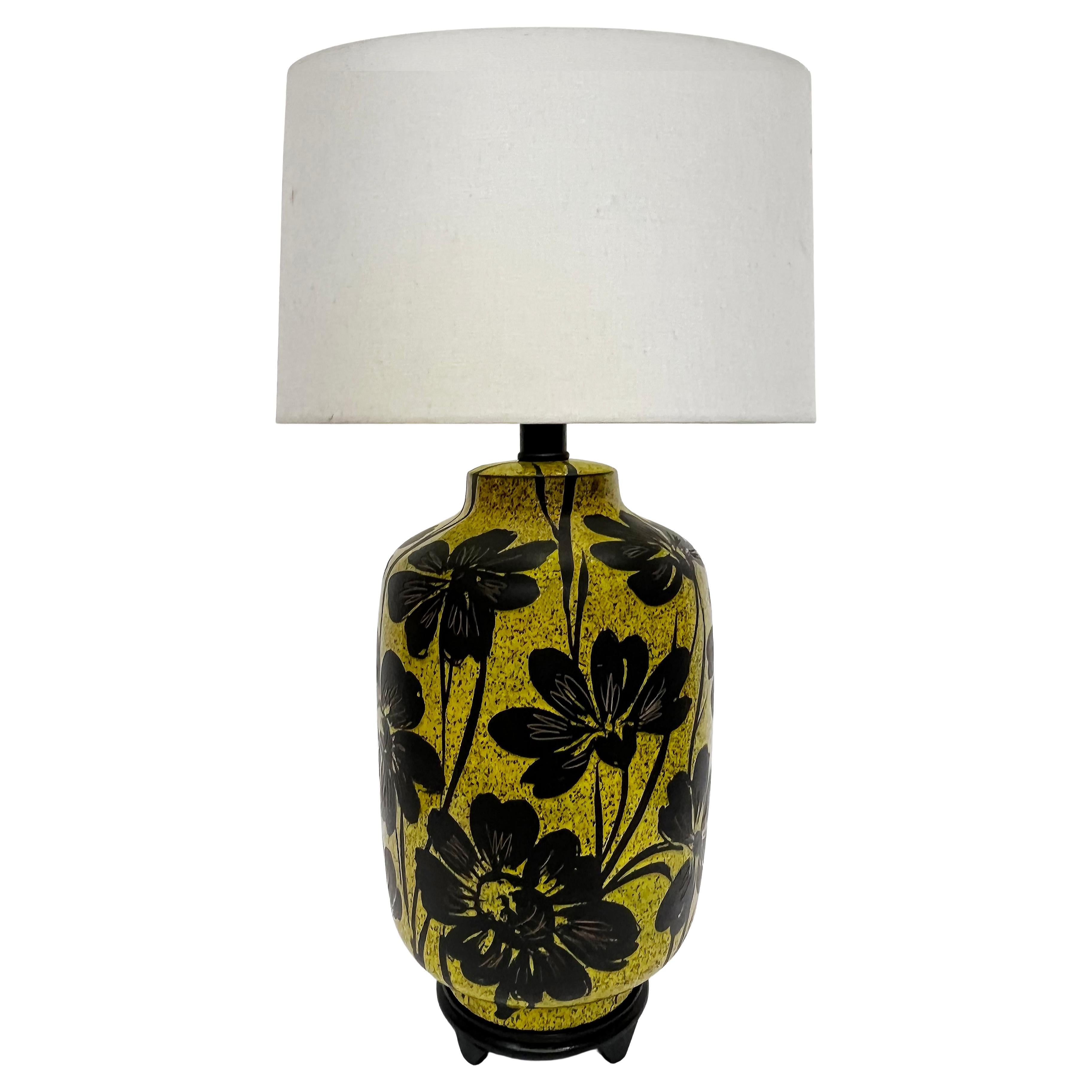 Vintage Italian Glazed Ceramic Table Lamp, Hand-Painted Flowers, Oriental Base