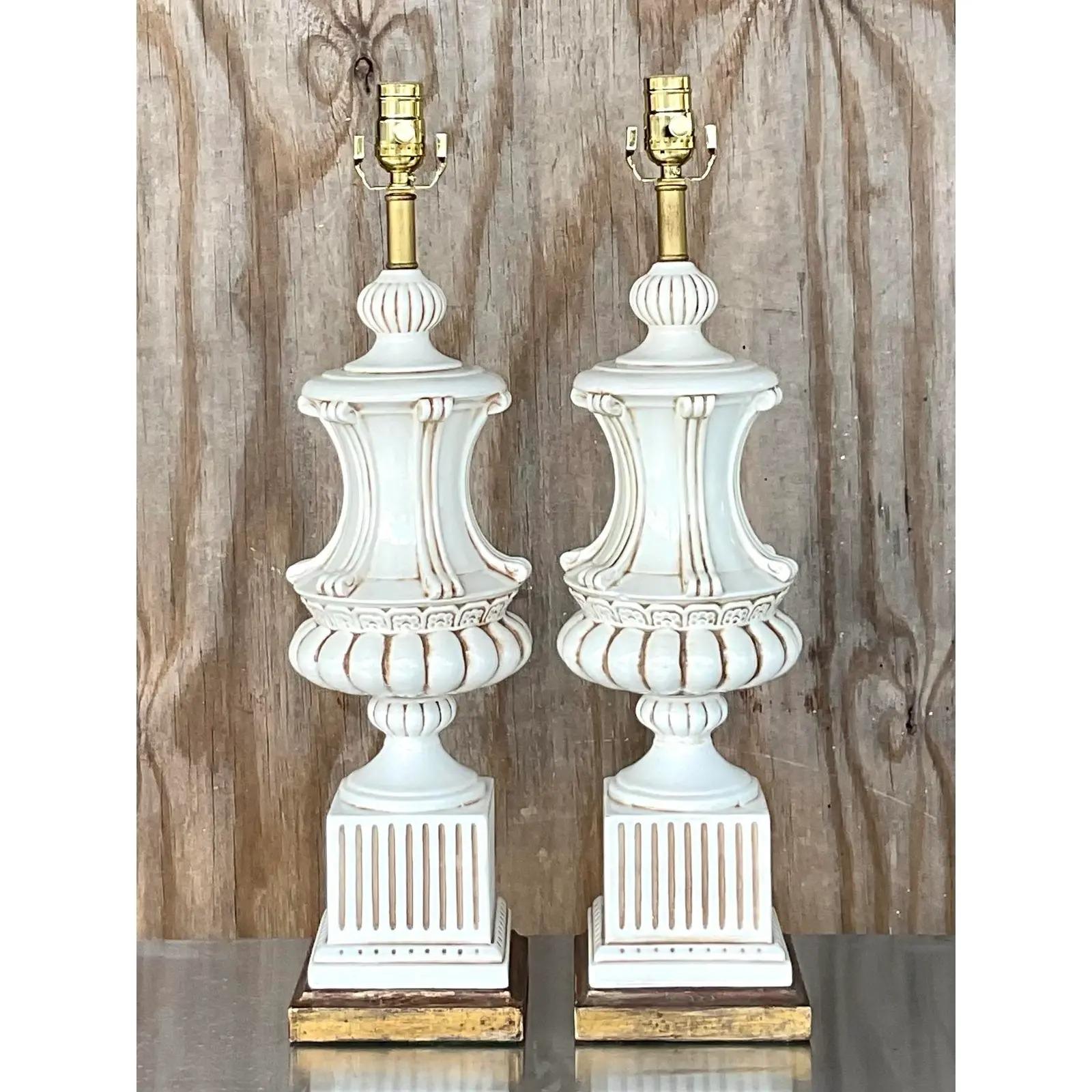 Vintage Italian Glazed Ceramic Urn Lamps - a Pair In Good Condition For Sale In west palm beach, FL