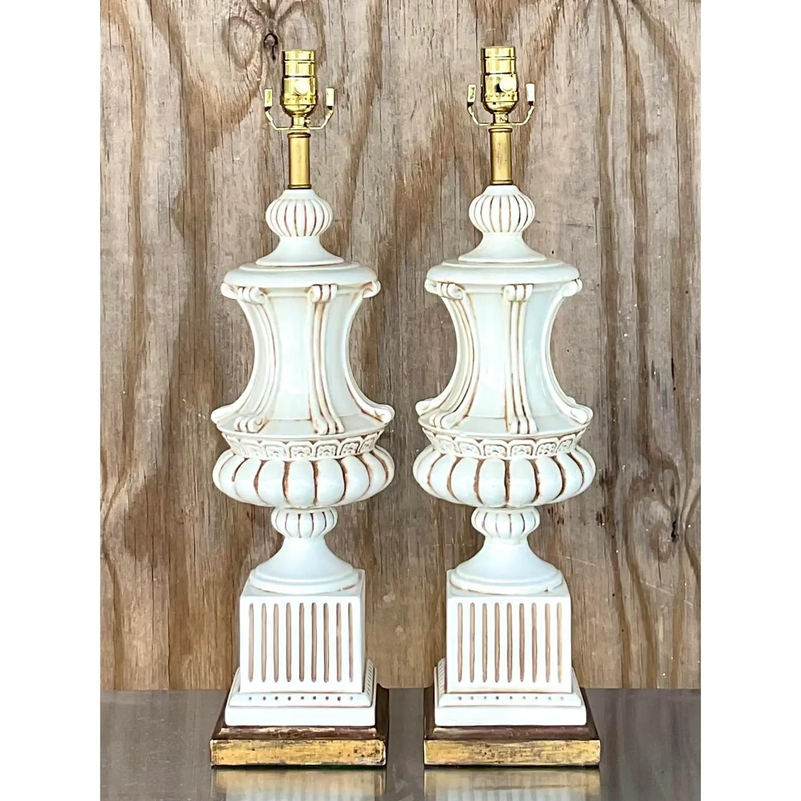 20th Century Vintage Italian Glazed Ceramic Urn Lamps - a Pair For Sale