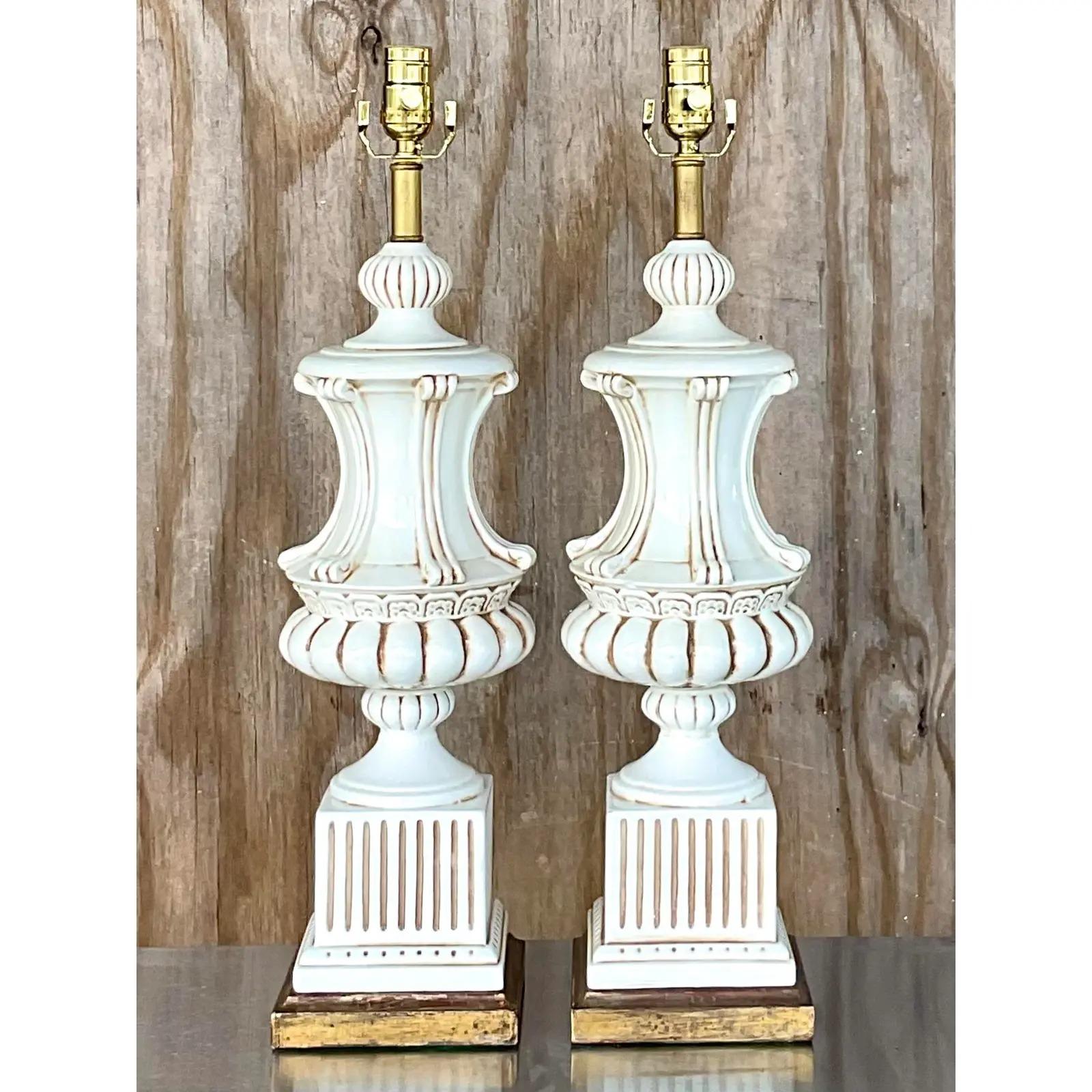 20ième siècle Vintage Italian Glazed Ceramic Urn Lamps - a Pair en vente