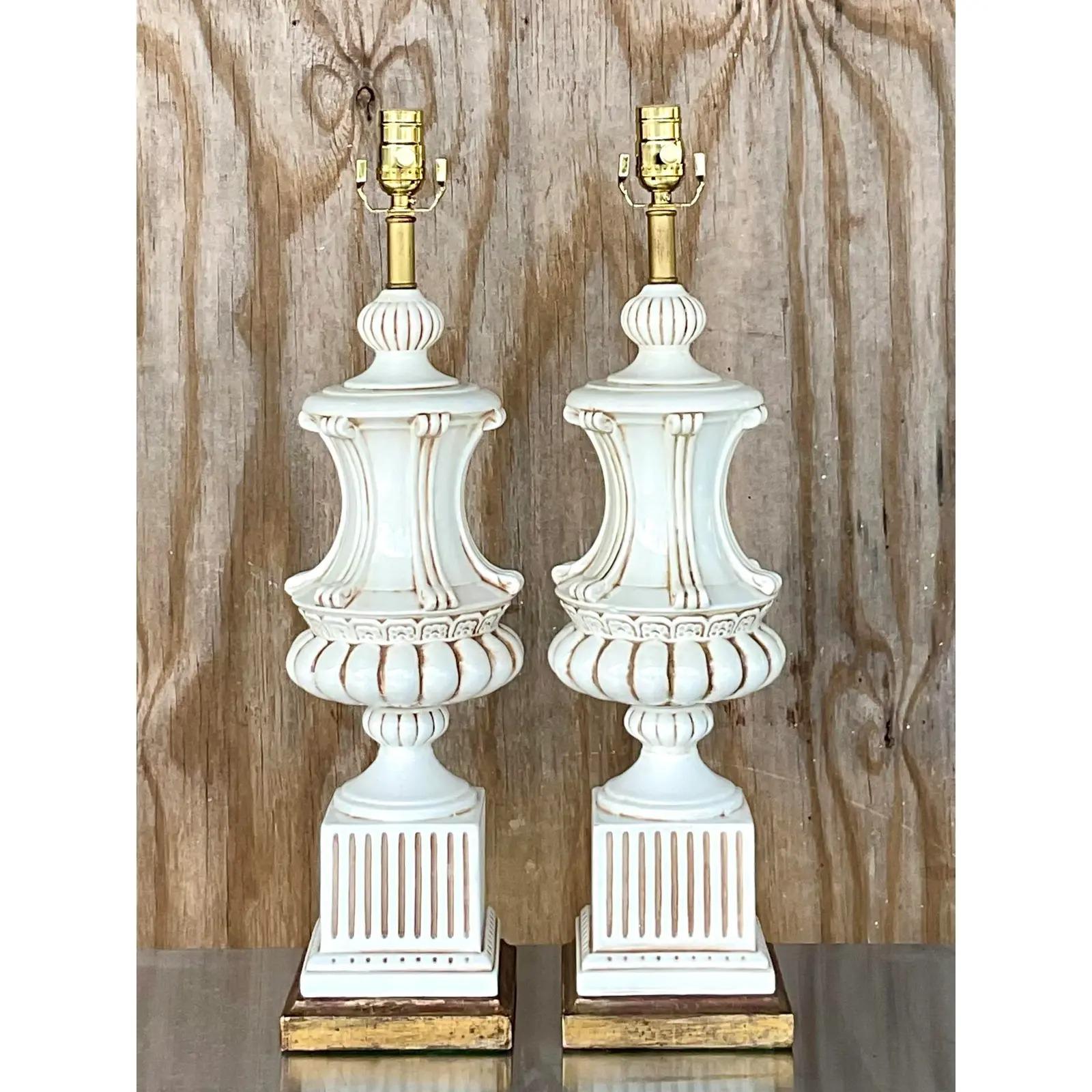 Vintage Italian Glazed Ceramic Urn Lamps - a Pair For Sale 2