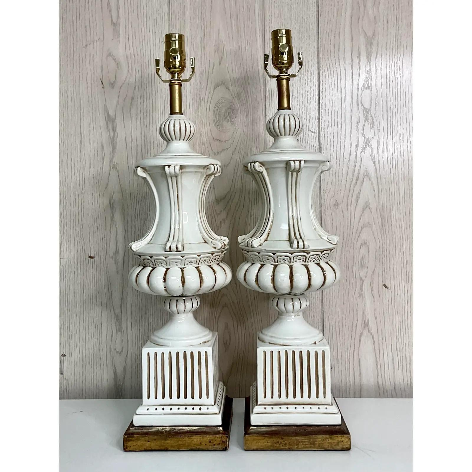 Vintage Italian Glazed Ceramic Urn Lamps - a Pair For Sale 4