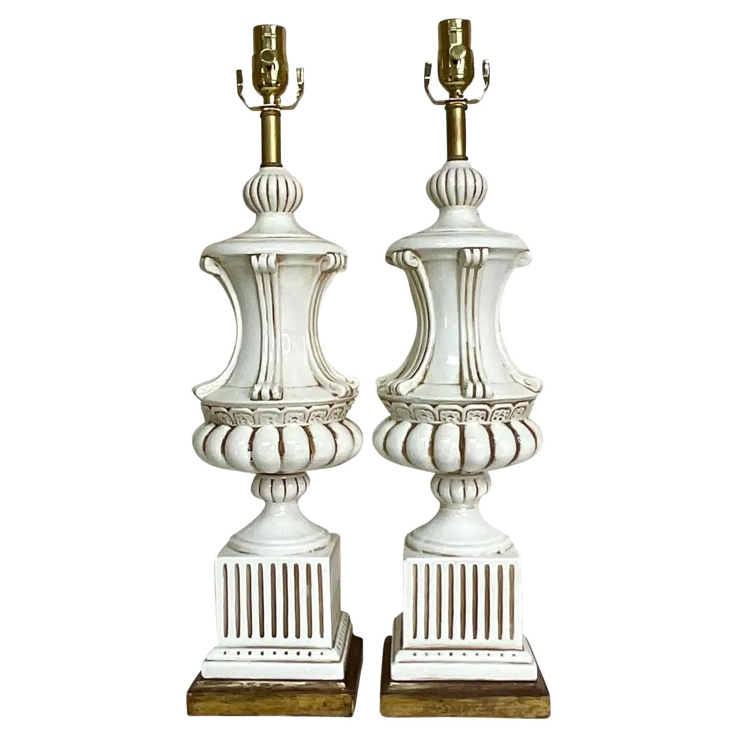Vintage Italian Glazed Ceramic Urn Lamps - a Pair