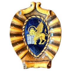 Vintage Italian Glazed Ceramic Winged Lion Crest Plaque