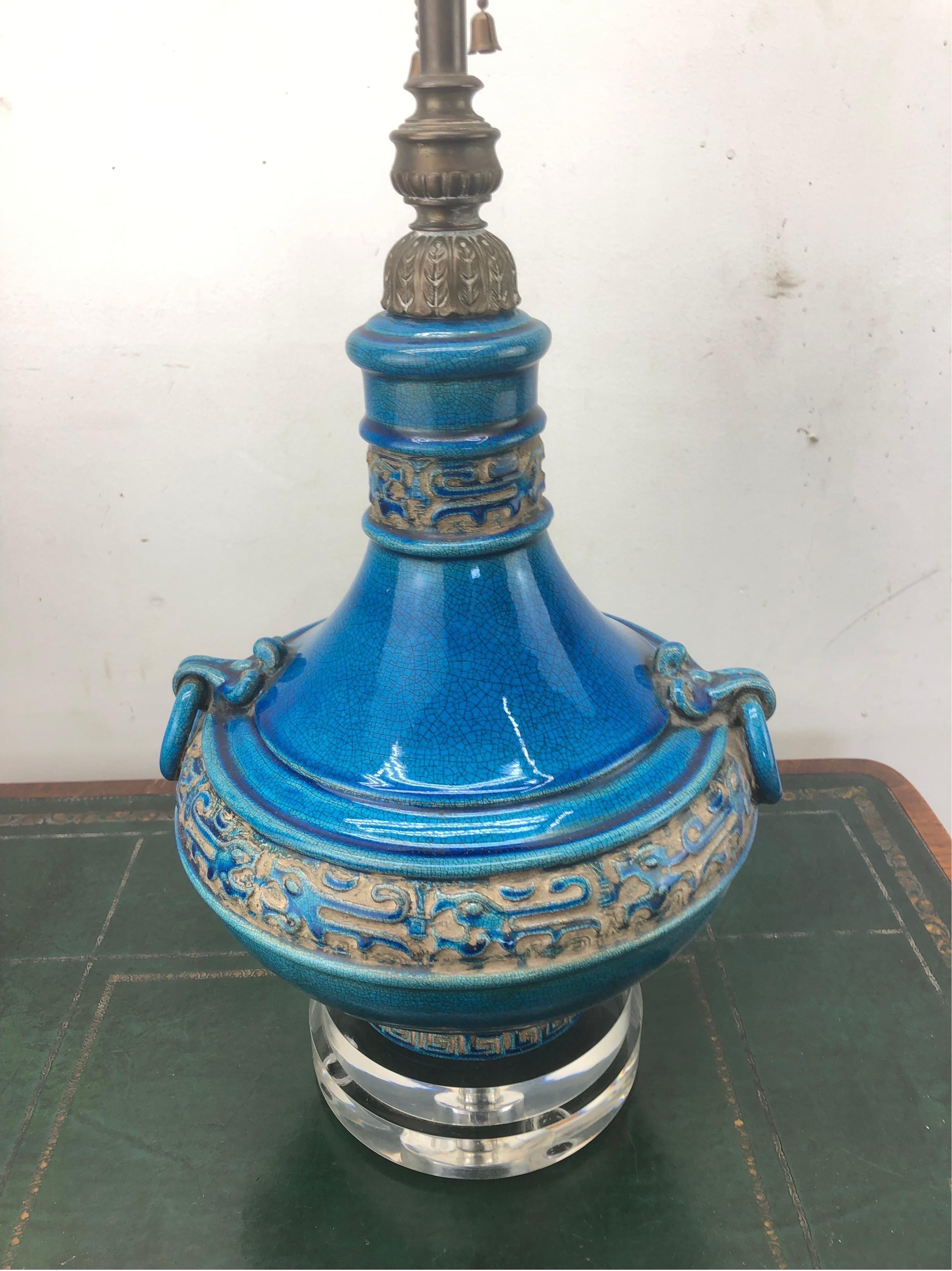 Mid-Century Modern Vintage Italian Glazed Chinoiserie Crackle Turquoise Lamp For Sale