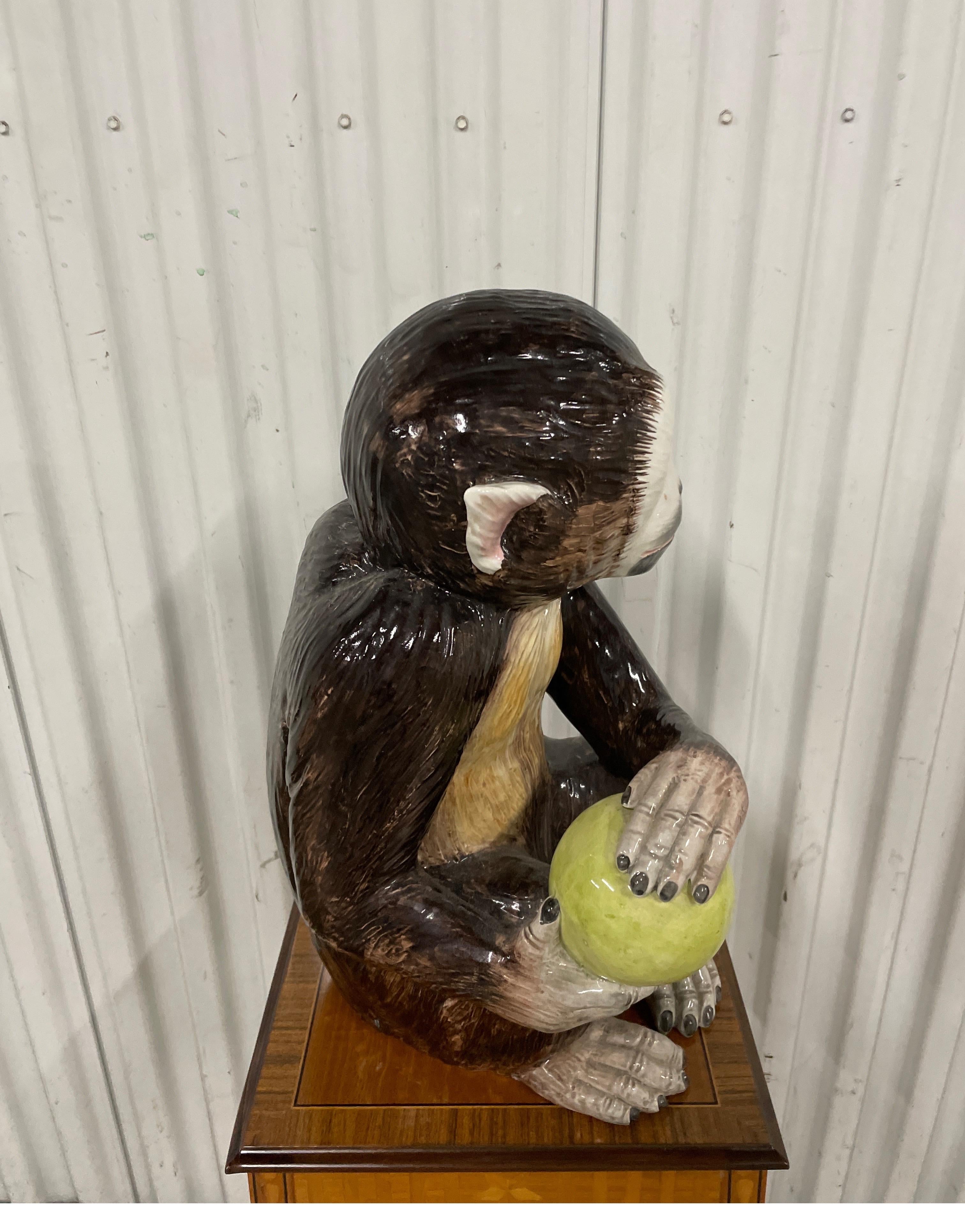 Whimsical hand painted ceramic monkey.  Made in Italy between 1970 & 1979. 
Very good condition. A very sweet piece.