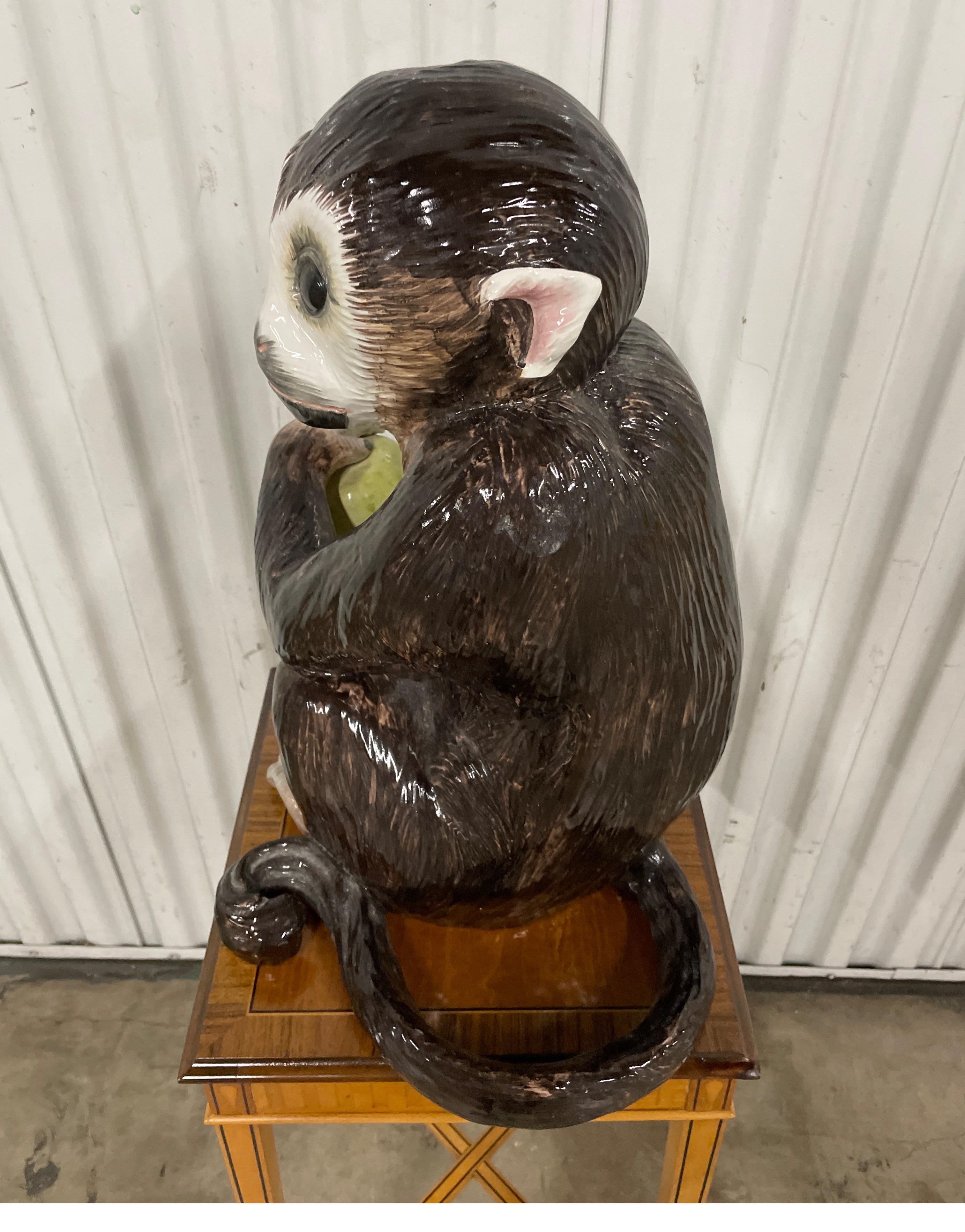 Vintage Italian Glazed Porcelain Seated Monkey In Good Condition In West Palm Beach, FL