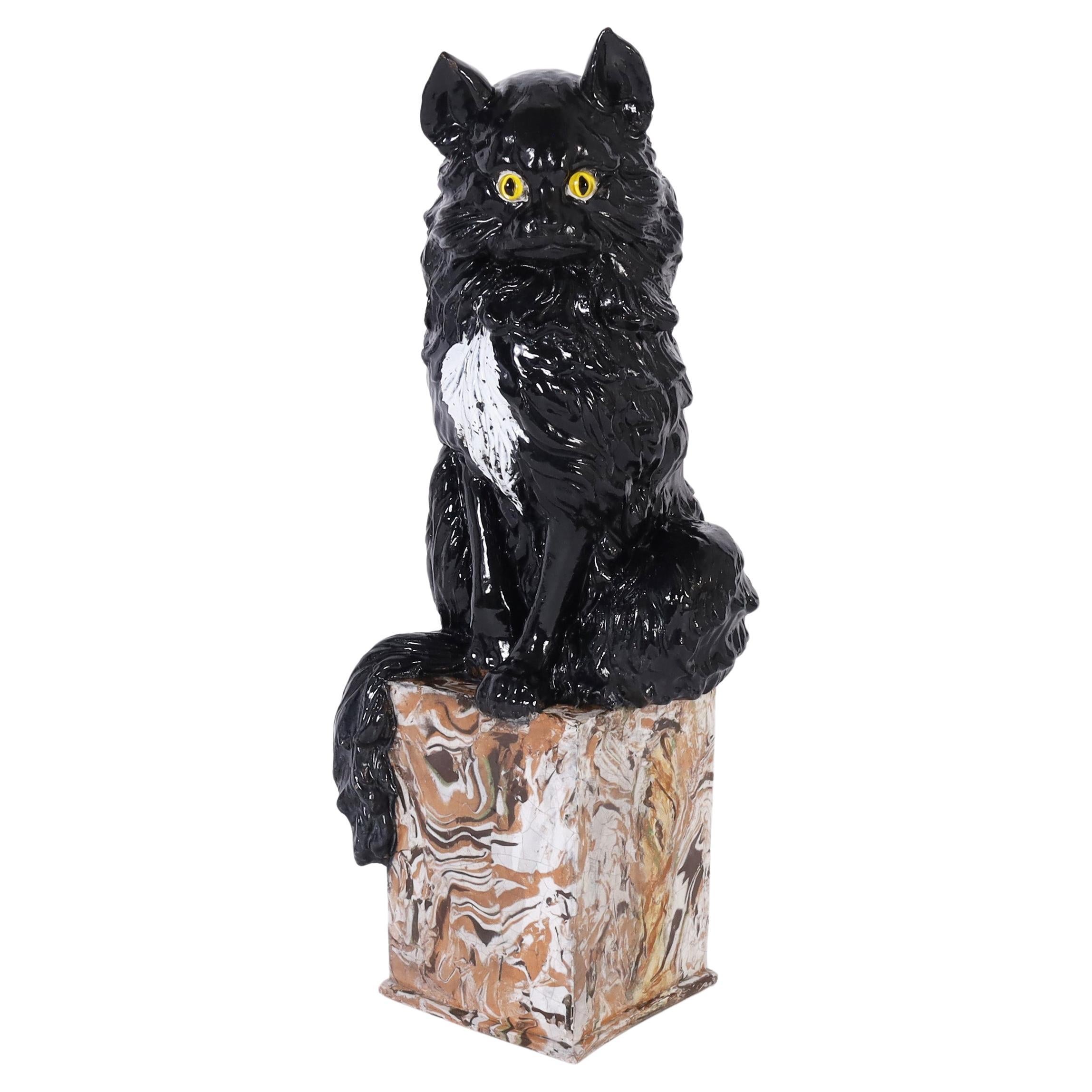 Italienische glasierte Terrakotta-Katzenskulptur, Vintage
