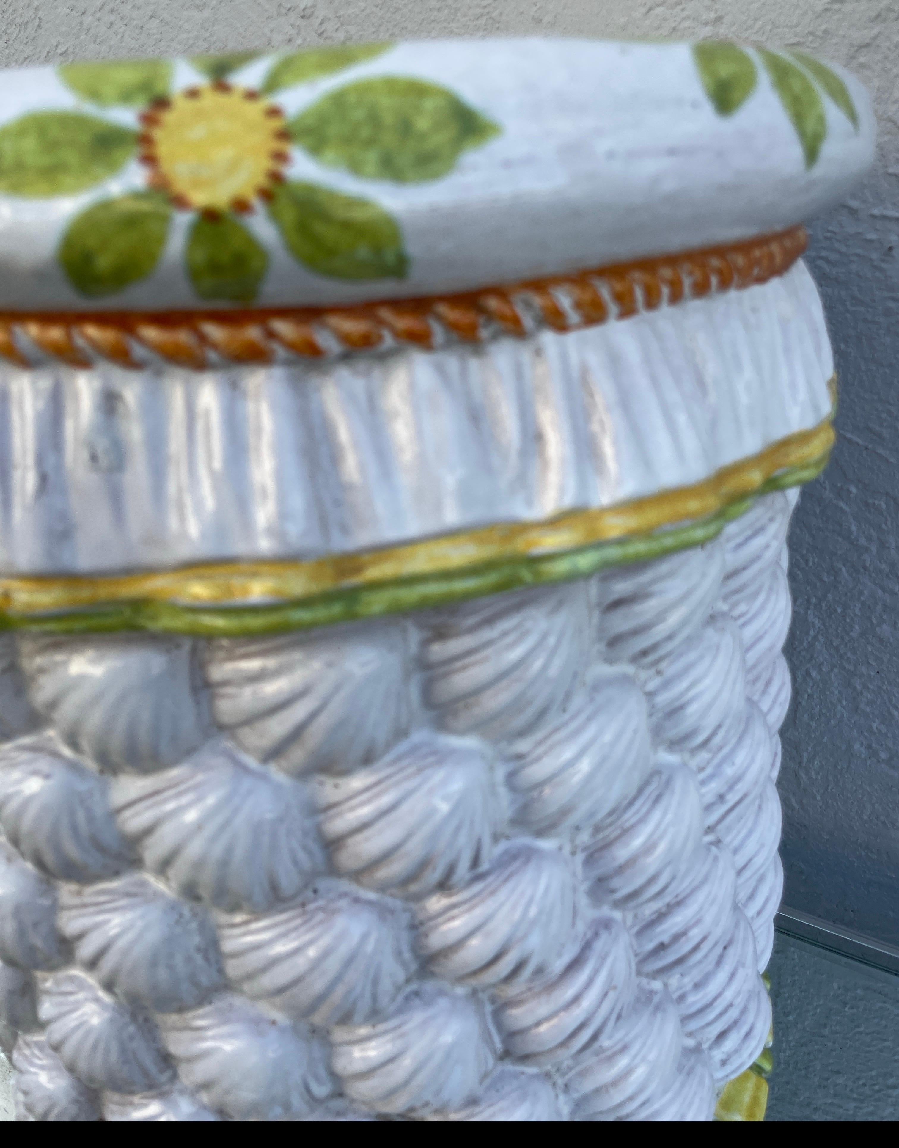 20th Century Vintage Italian Glazed Terra Cotta Garden Seat with Shells & Flowers For Sale