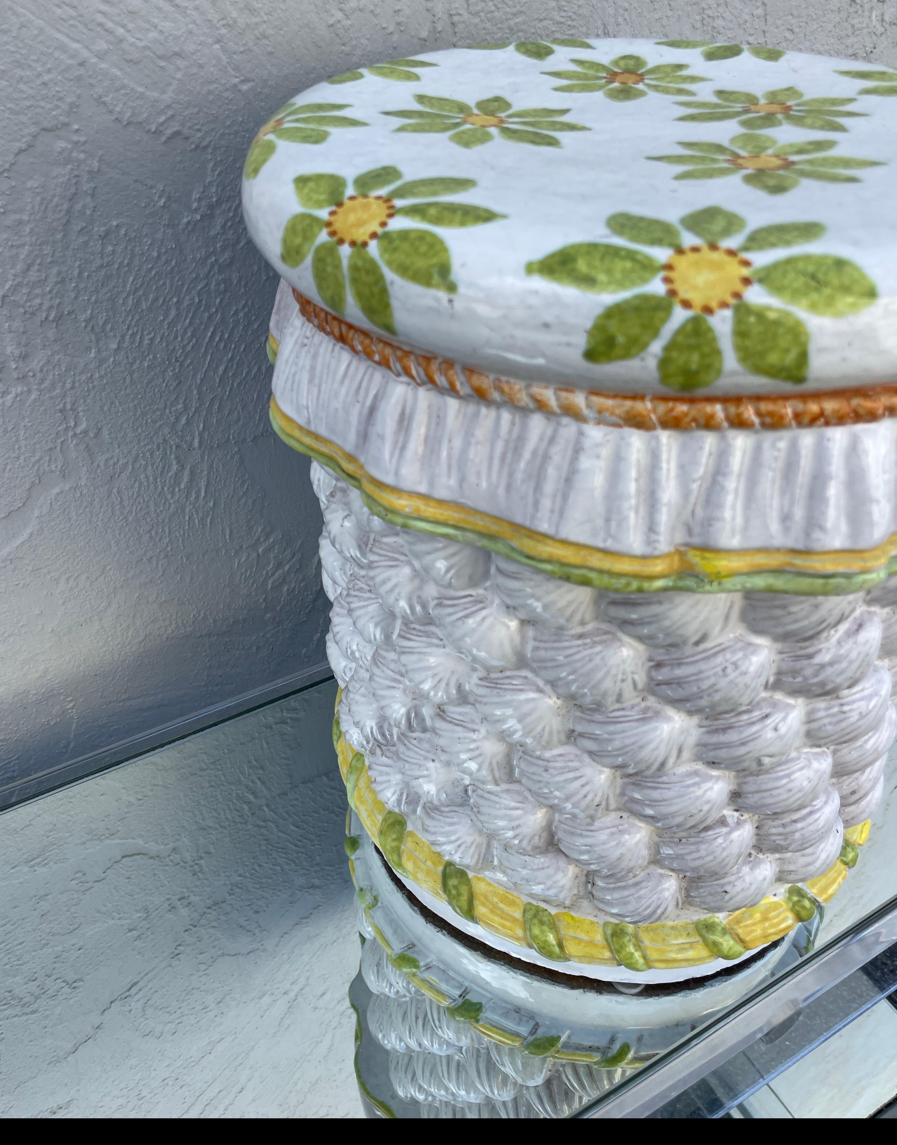 Vintage Italian Glazed Terra Cotta Garden Seat with Shells & Flowers For Sale 1