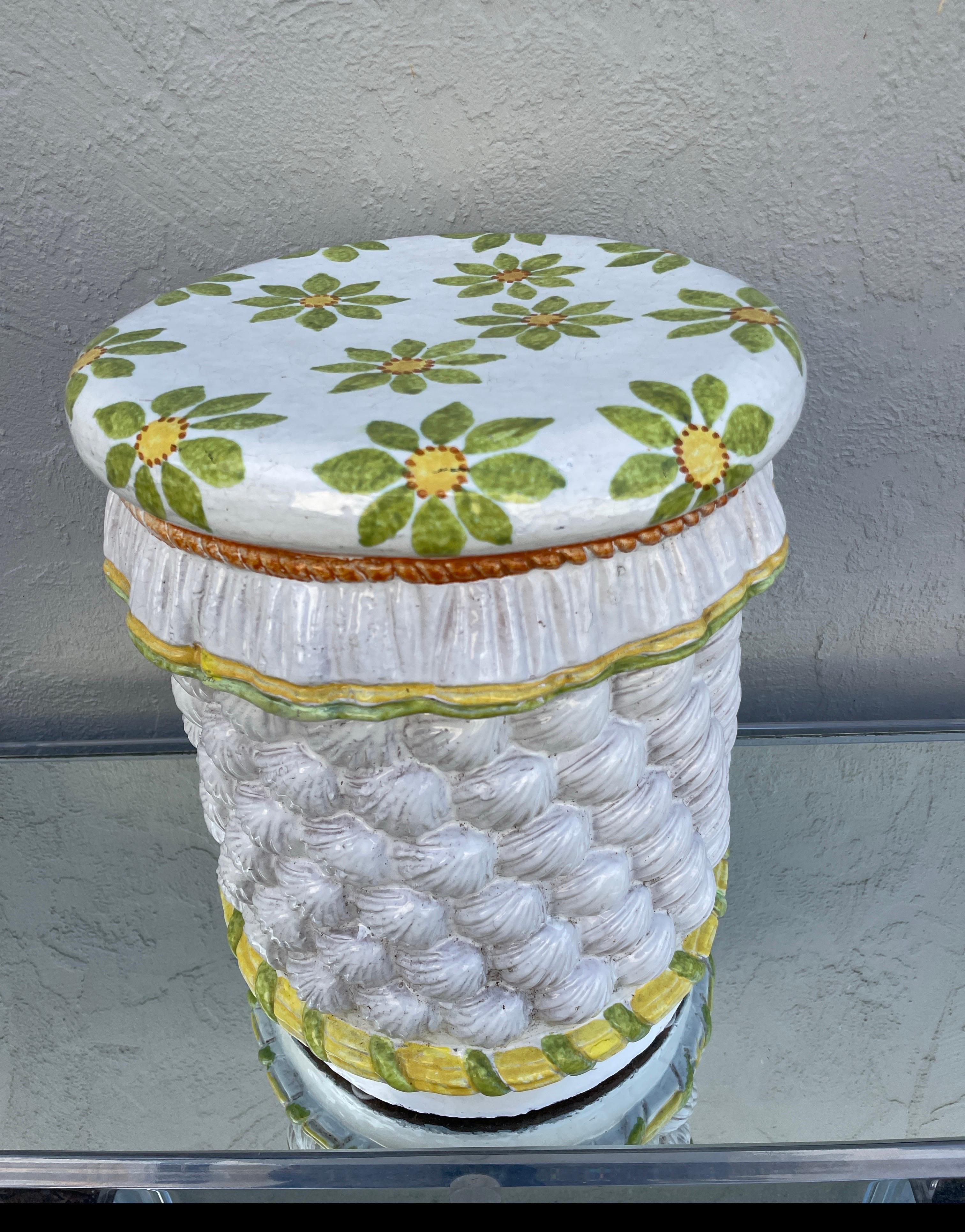 Vintage Italian Glazed Terra Cotta Garden Seat with Shells & Flowers For Sale 2