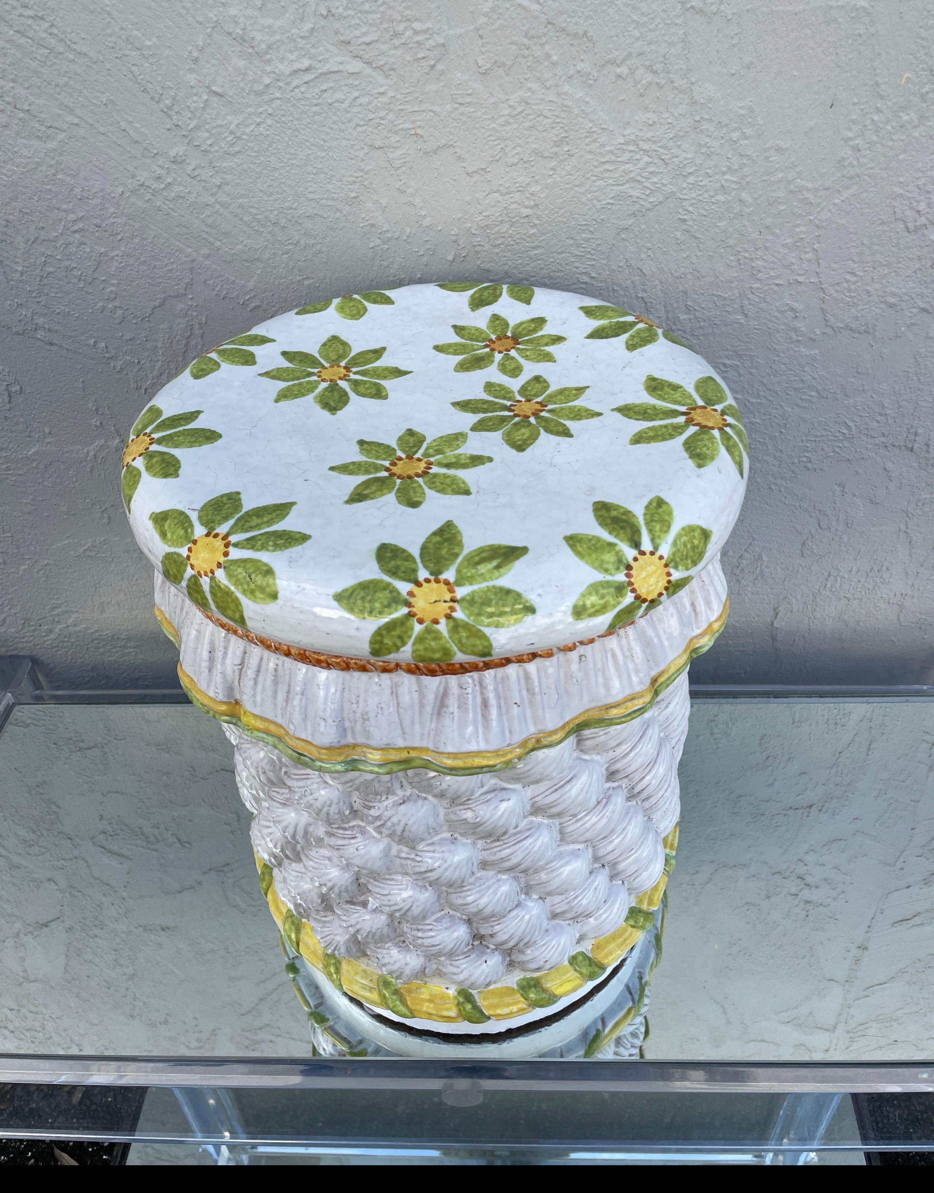 Vintage Italian Glazed Terra Cotta Garden Seat with Shells & Flowers For Sale 3