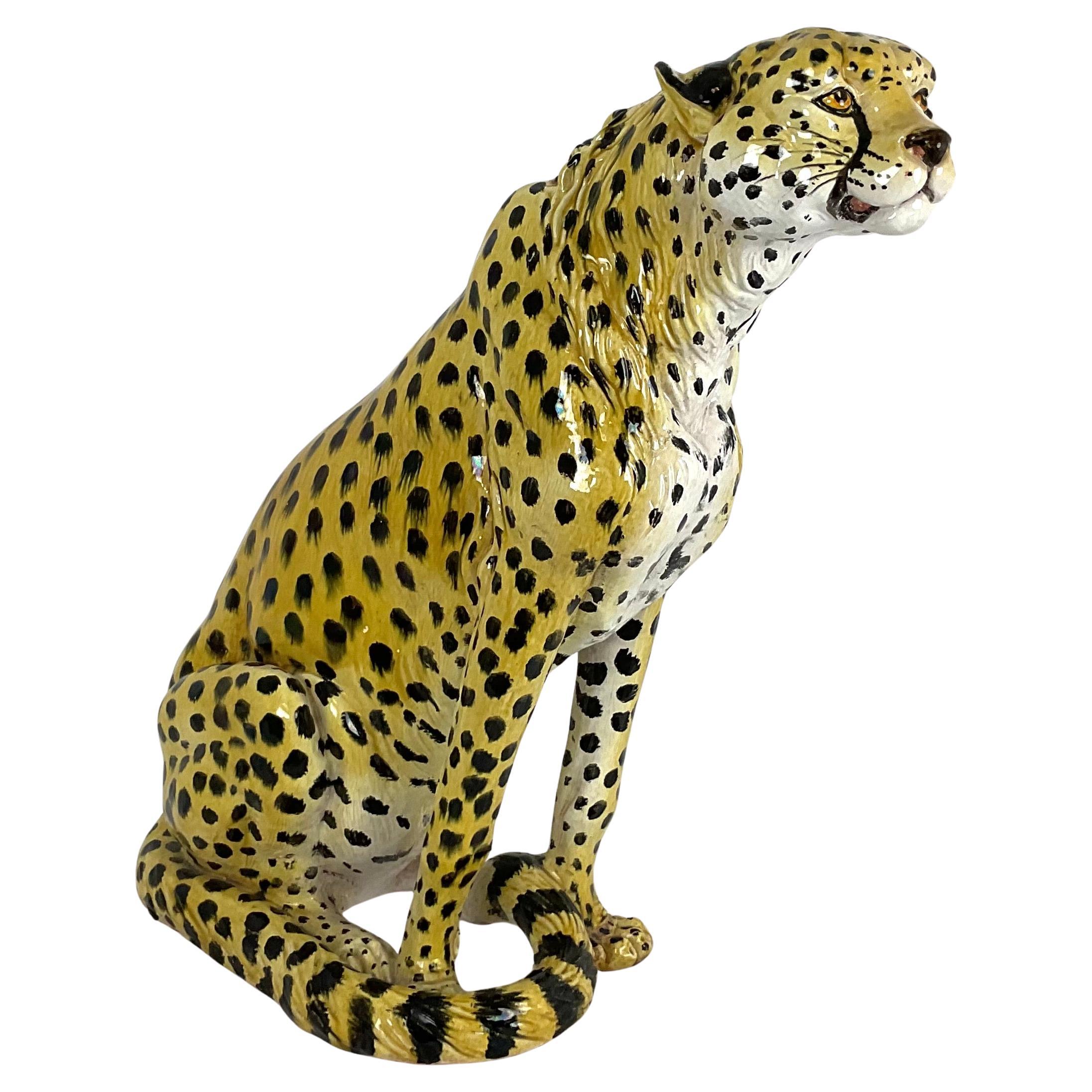 Figura di ghepardo di grandi dimensioni in terracotta italiana smaltata vintage