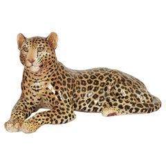 Vintage Italian Glazed Terra Cotta Leopard Sculpture