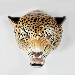 Vintage Italian Glazed Terra Cotta Wall Hanging Leopard Head