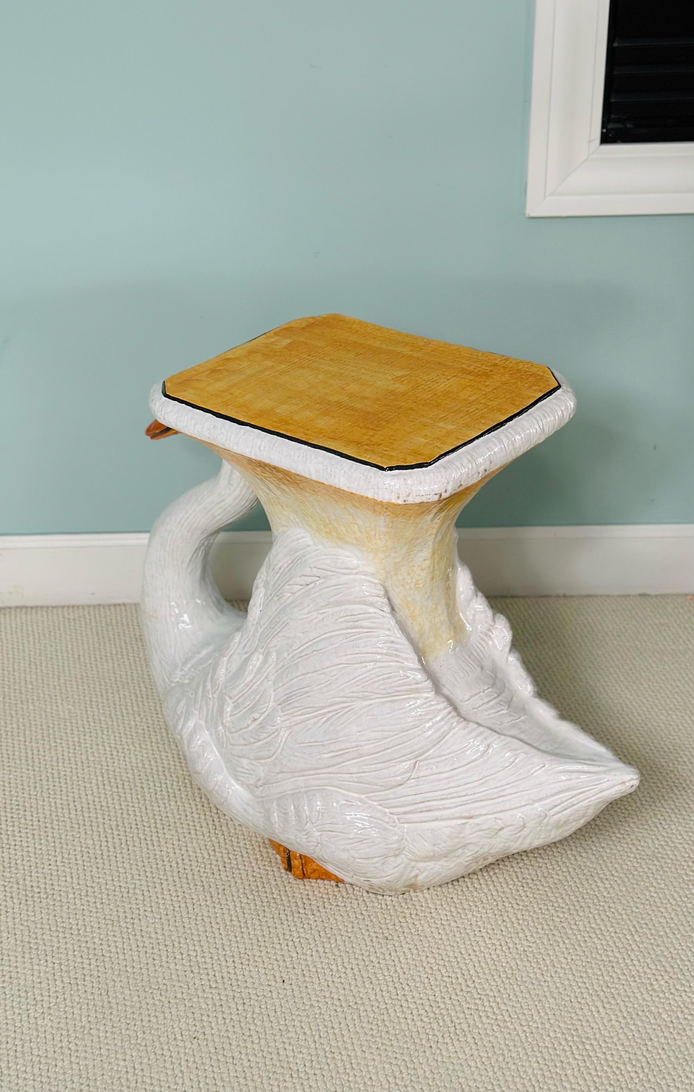 Hollywood Regency Vintage Italian Glazed Terracotta Ceramic Swan Garden Stool or Side Table