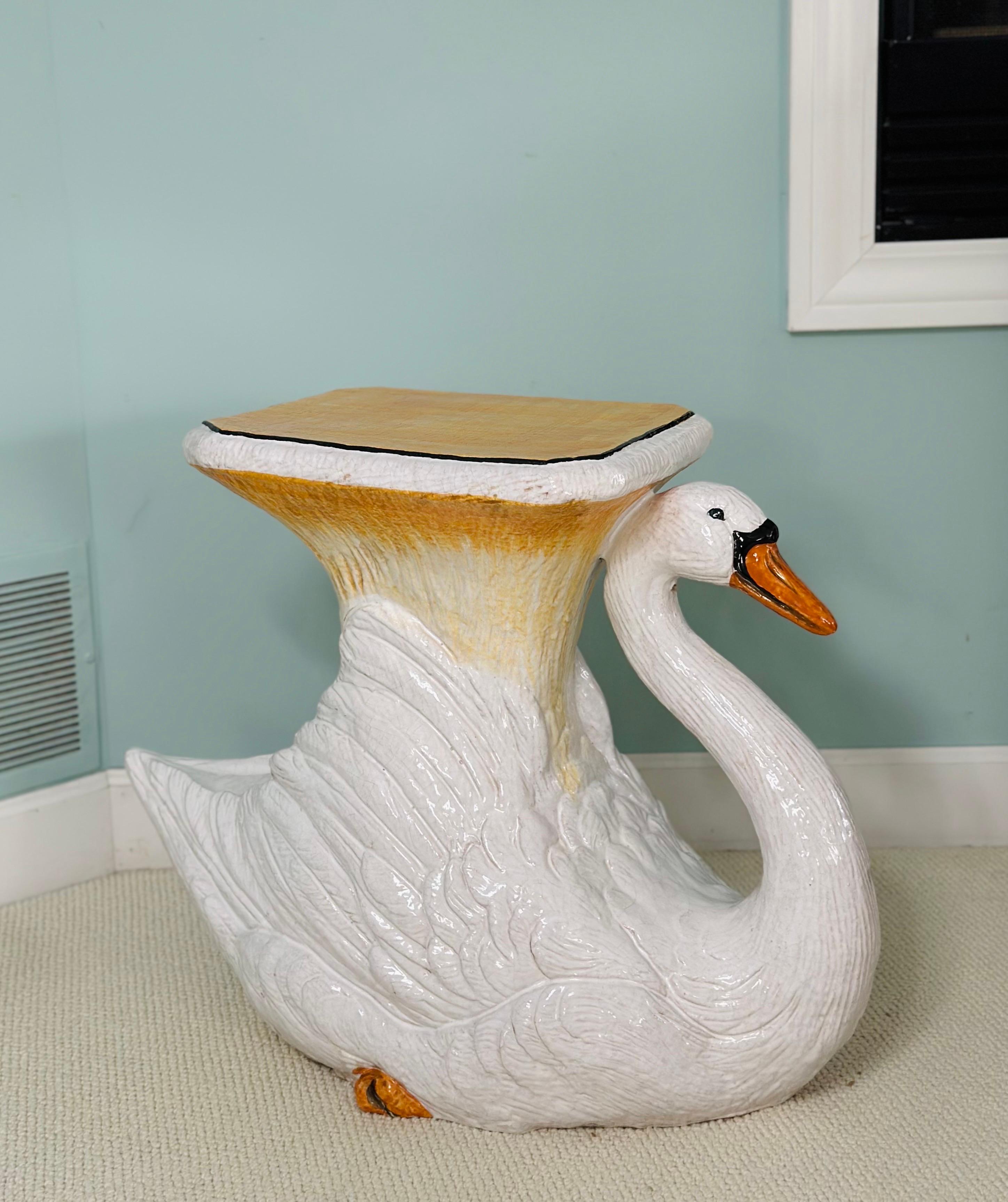 Vintage Italian Glazed Terracotta Ceramic Swan Garden Stool or Side Table In Good Condition In Farmington Hills, MI