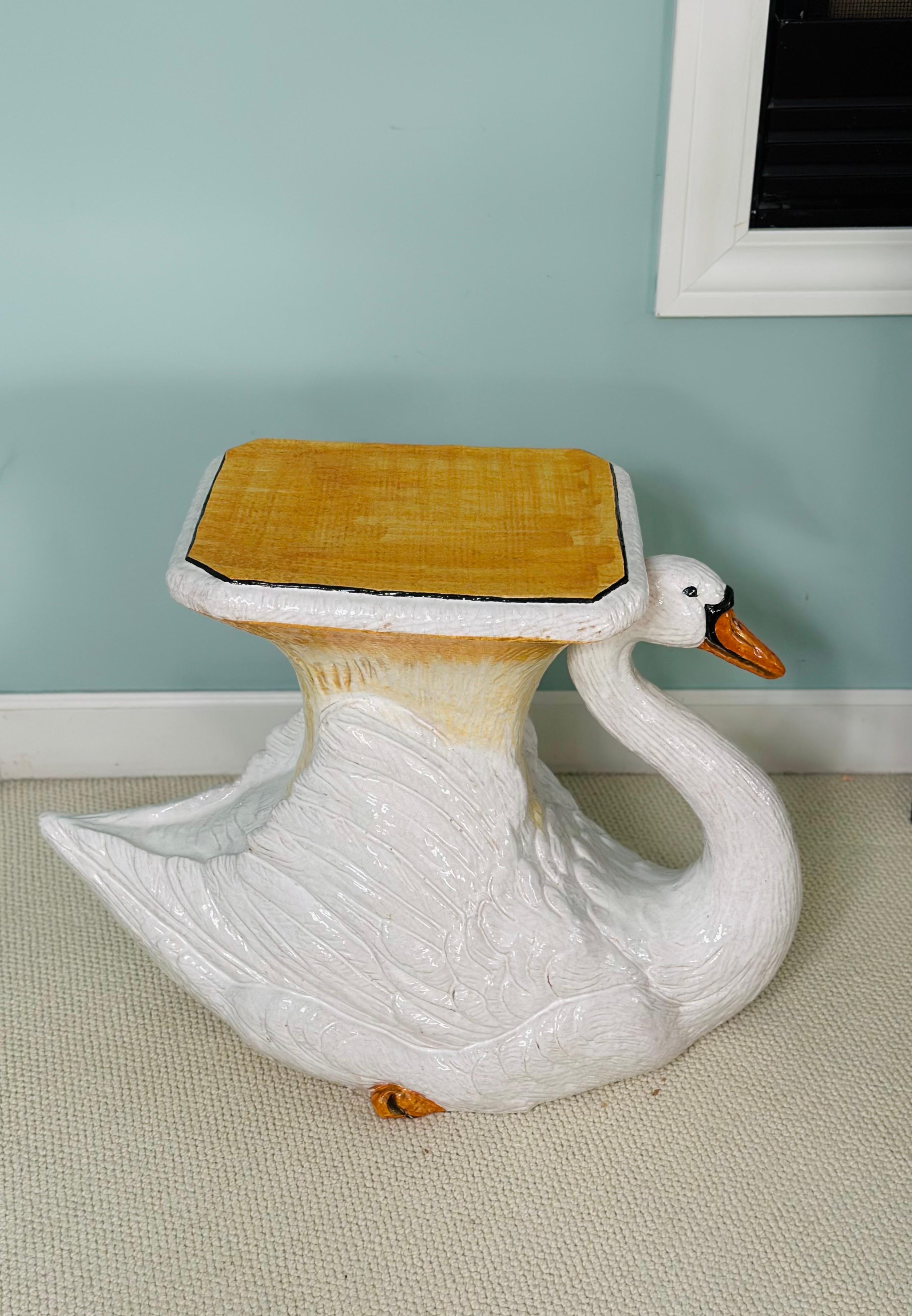 Late 20th Century Vintage Italian Glazed Terracotta Ceramic Swan Garden Stool or Side Table