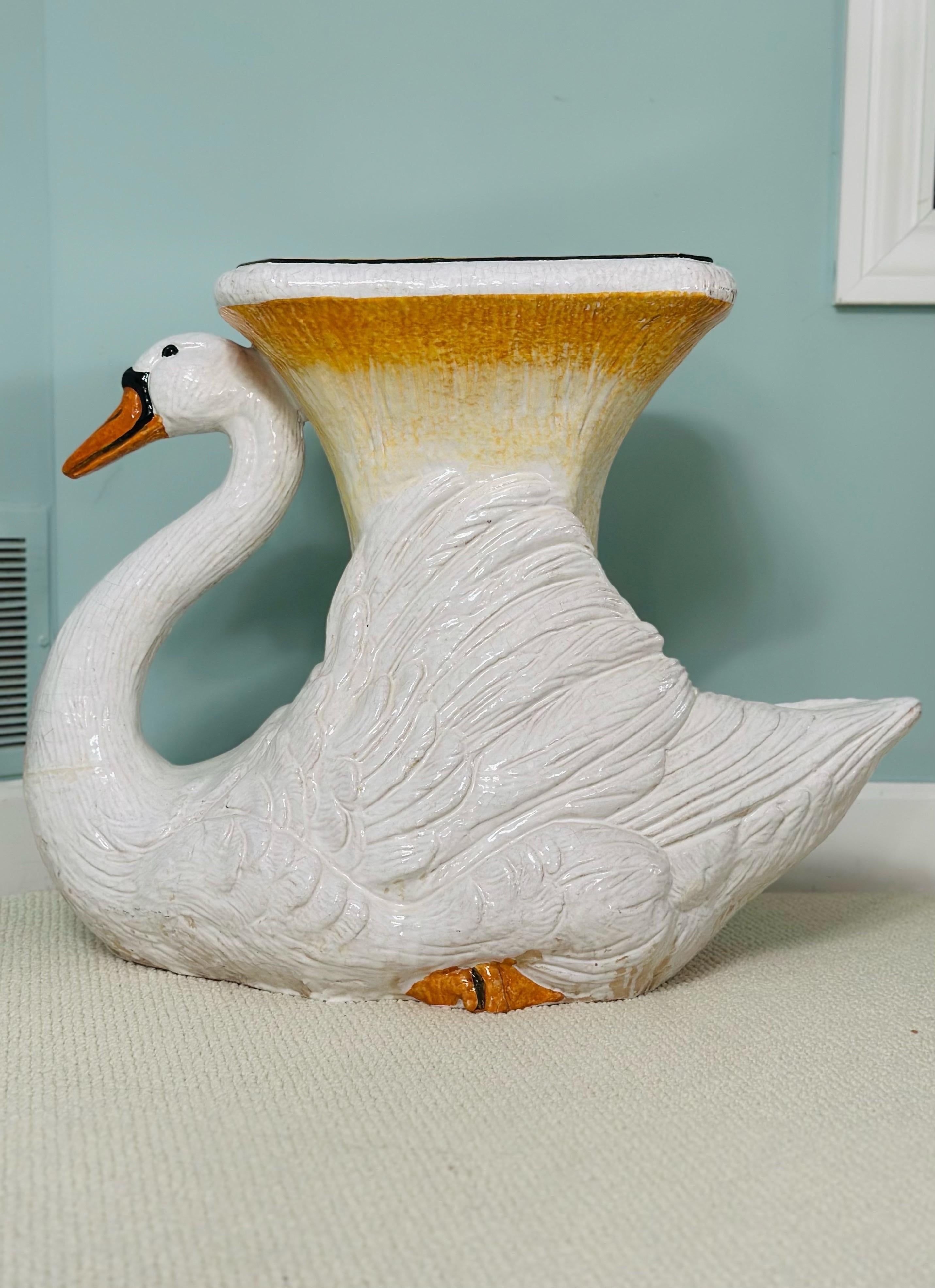 Vintage Italian Glazed Terracotta Ceramic Swan Garden Stool or Side Table 2