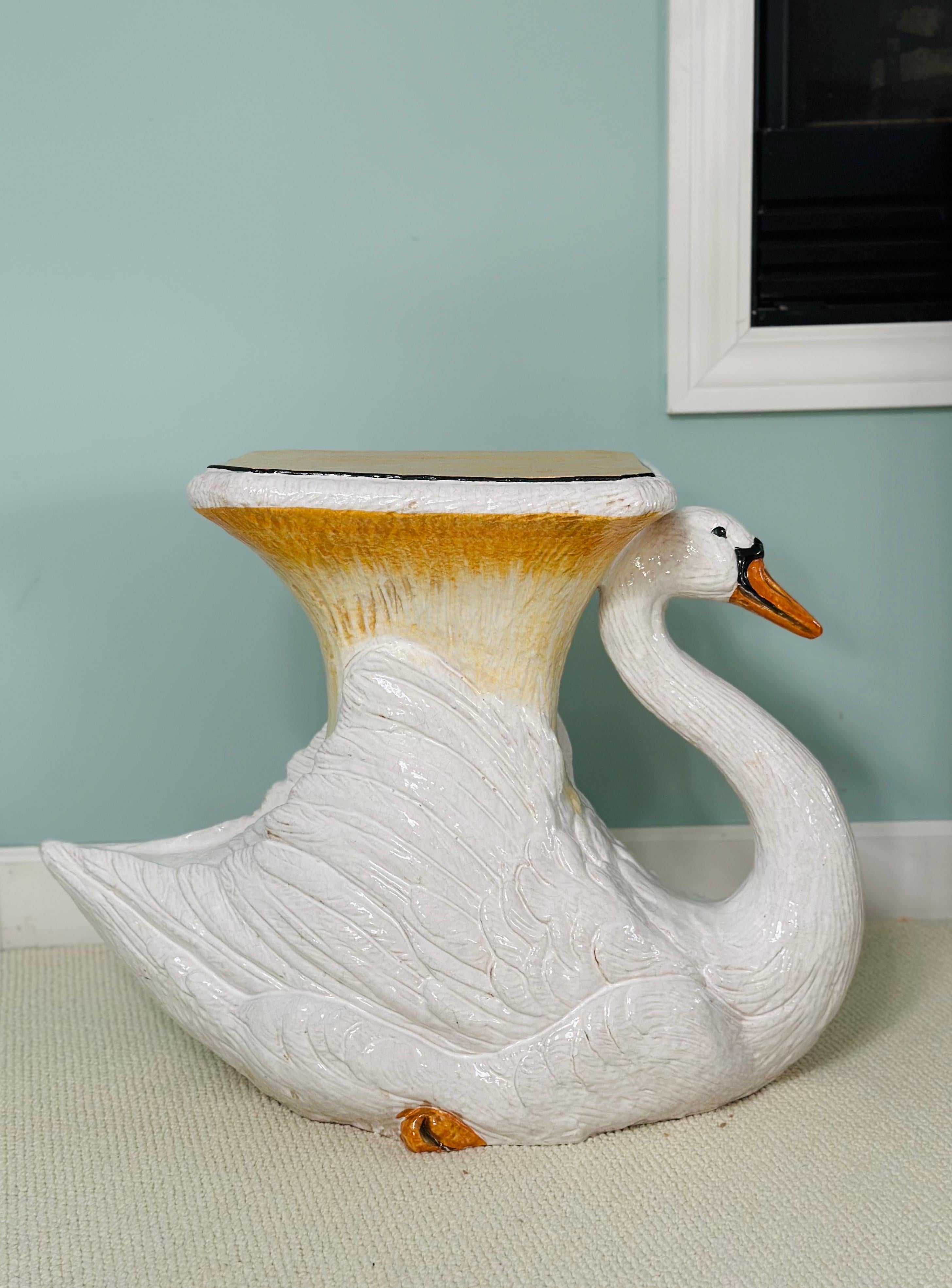 Vintage Italian Glazed Terracotta Ceramic Swan Garden Stool or Side Table 3