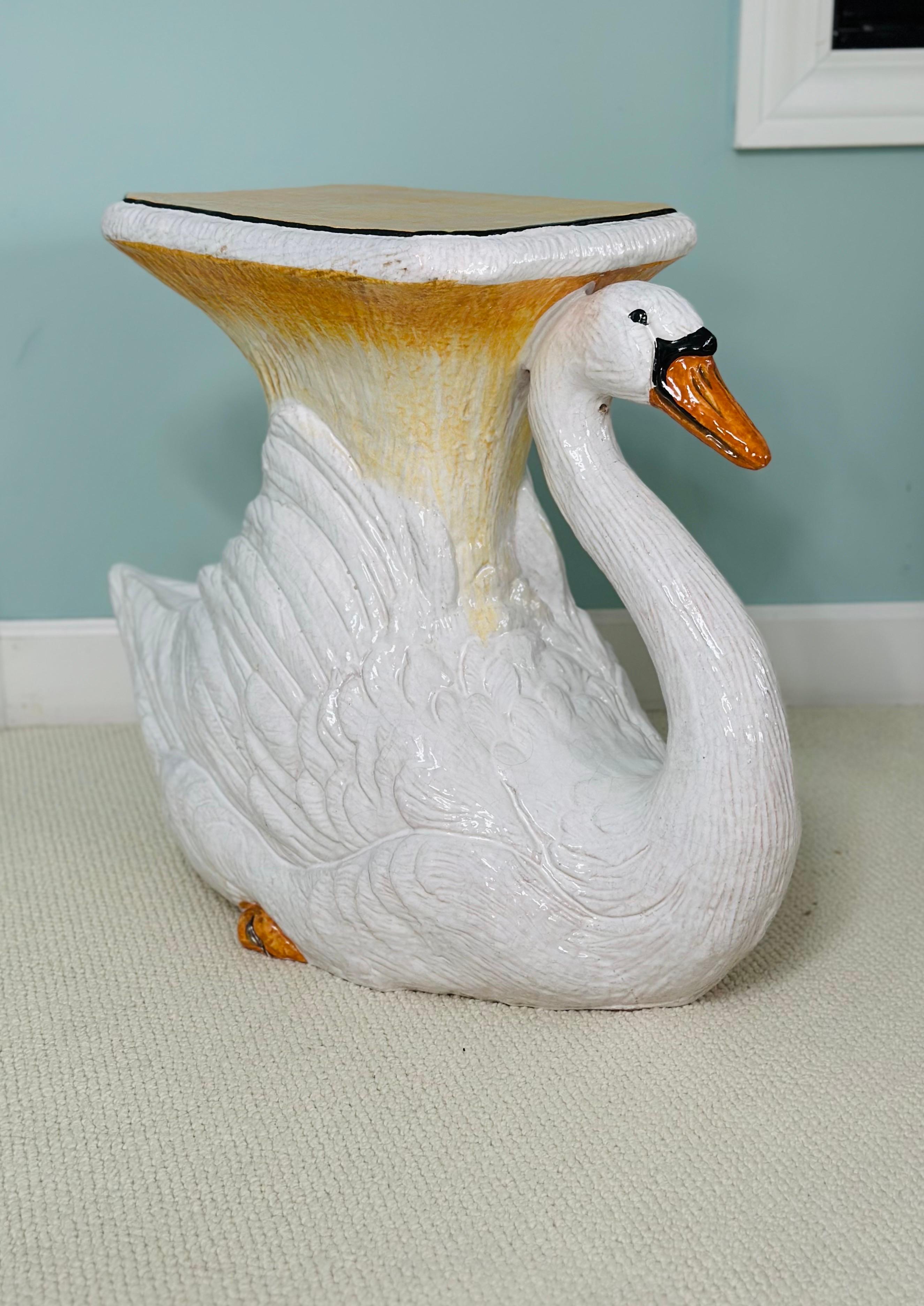 Vintage Italian Glazed Terracotta Ceramic Swan Garden Stool or Side Table 4