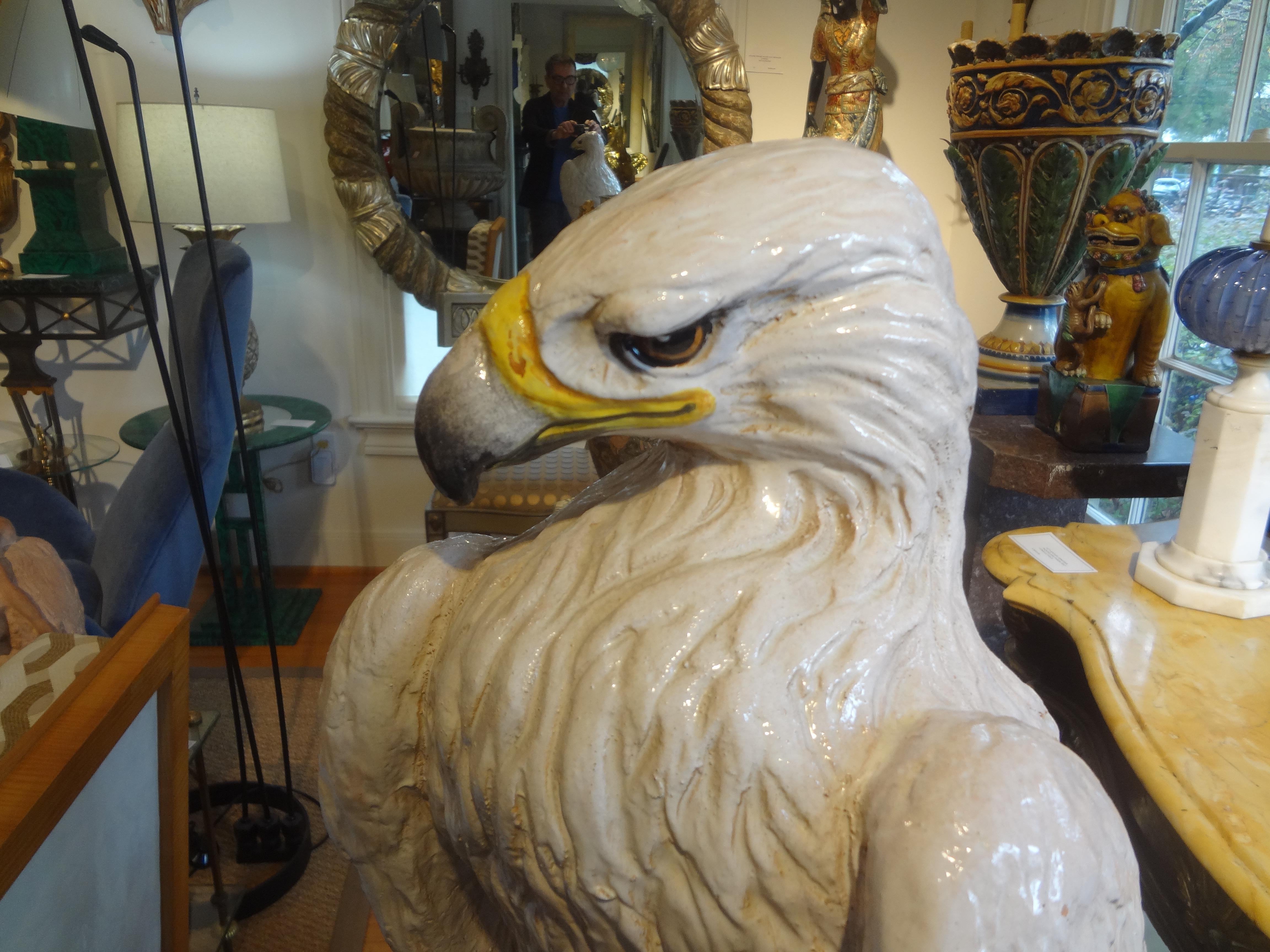 Late 20th Century Vintage Italian Glazed Terracotta Eagle Sculpture For Sale