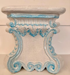 Vintage Italian Glazed Terracotta Garden Stool, Turquoise & White