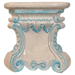Vintage Italian Glazed Terracotta Garden Stool, Turquoise & White