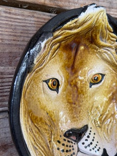 Vintage Italian Glazed Terracotta Lion Wall Plate  Sculptural Ceramic Wall Art