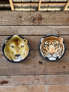 Vintage Italian Glazed Terracotta Tiger Wall Plate  Sculptural Ceramic Wall Art