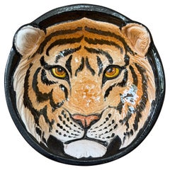 Vintage Italian Glazed Terracotta Tiger Wall Plate  Sculptural Ceramic Wall Art