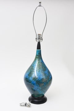 Vintage Italian Glazed Ceramic Bulbous Table Lamp With Texture Green, Blues