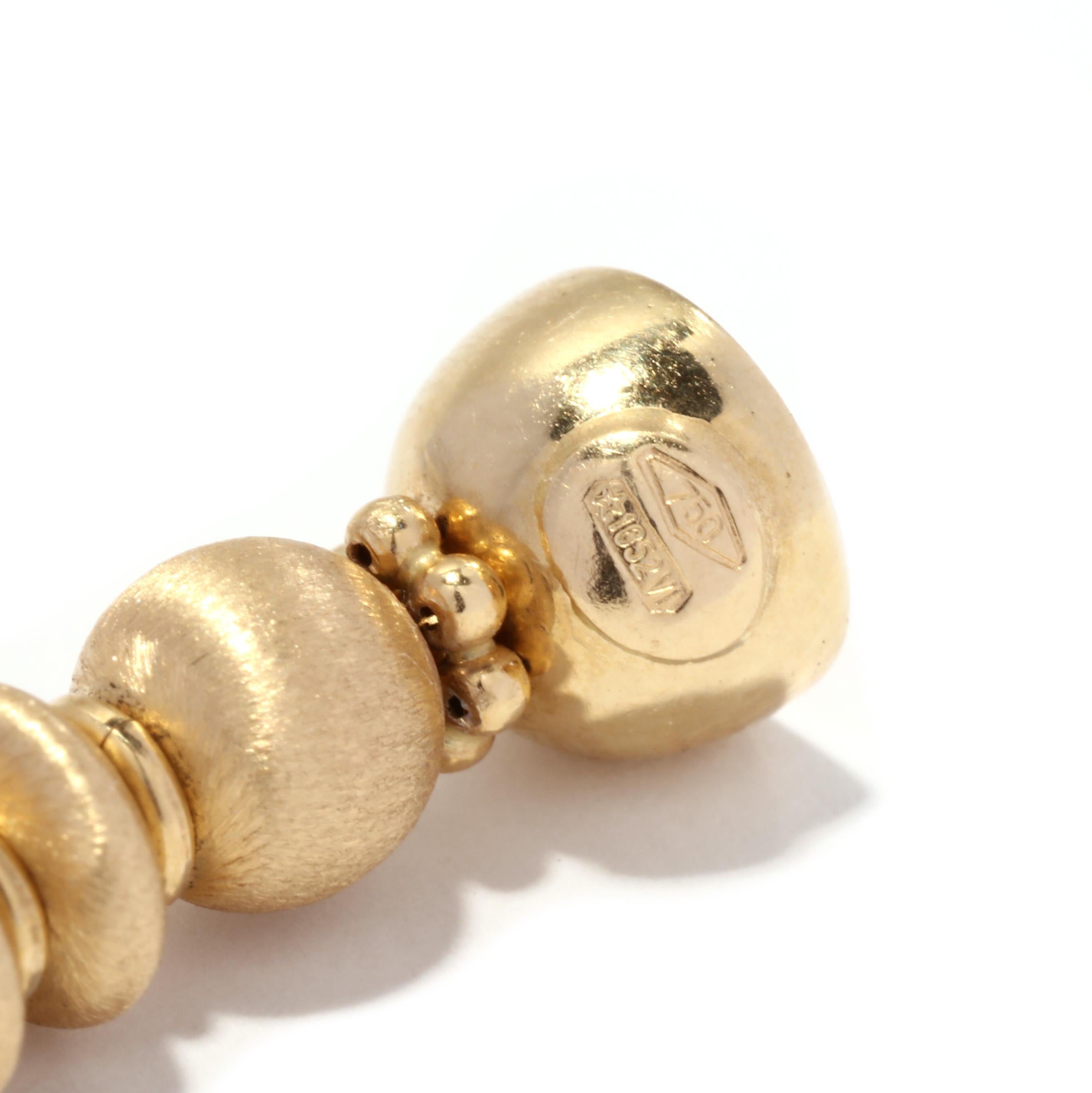 Women's or Men's Vintage Italian Gold Beaded Necklace, 18KT Yellow Gold, Brushed Bead Necklace For Sale