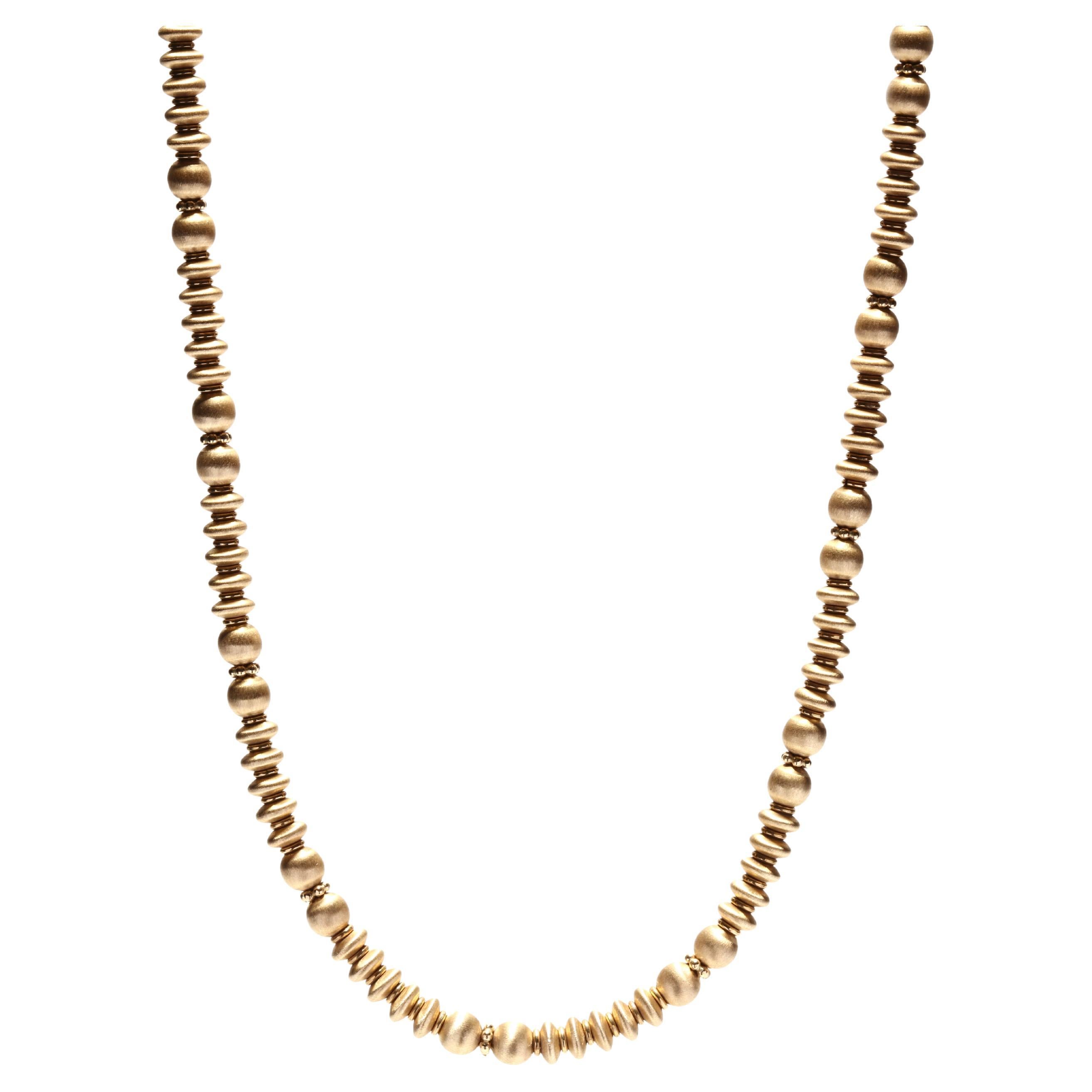 Vintage Italian Gold Beaded Necklace, 18KT Yellow Gold, Brushed Bead Necklace