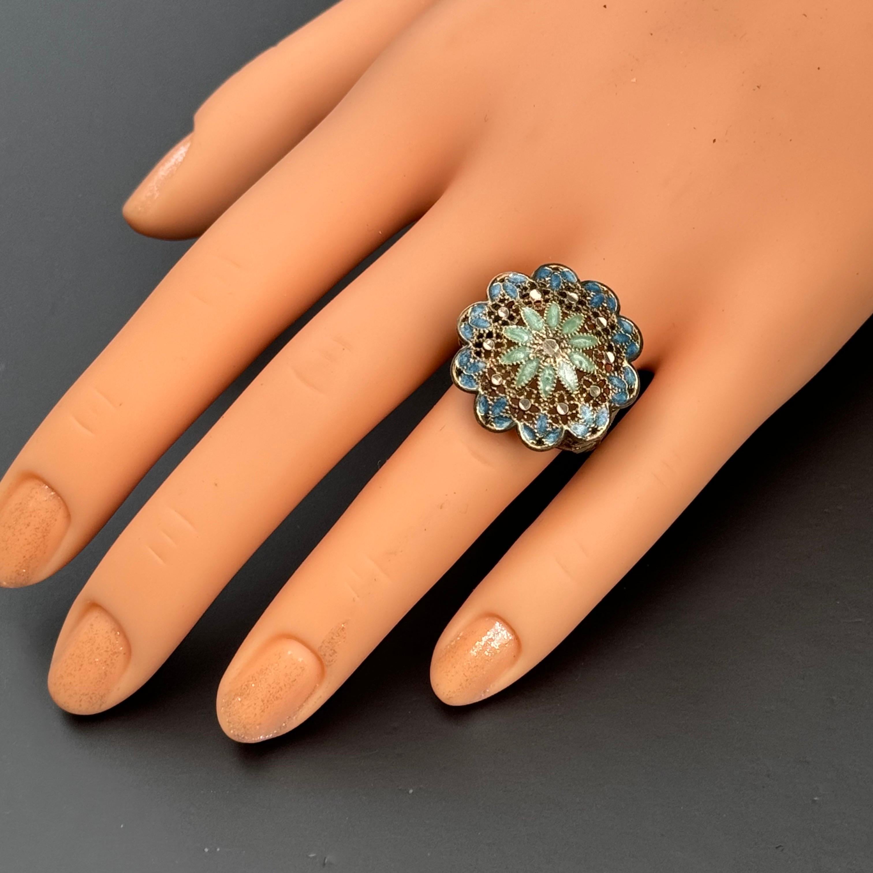 Vintage Italian Gold Gilded Silver Enamel Ring For Sale 6