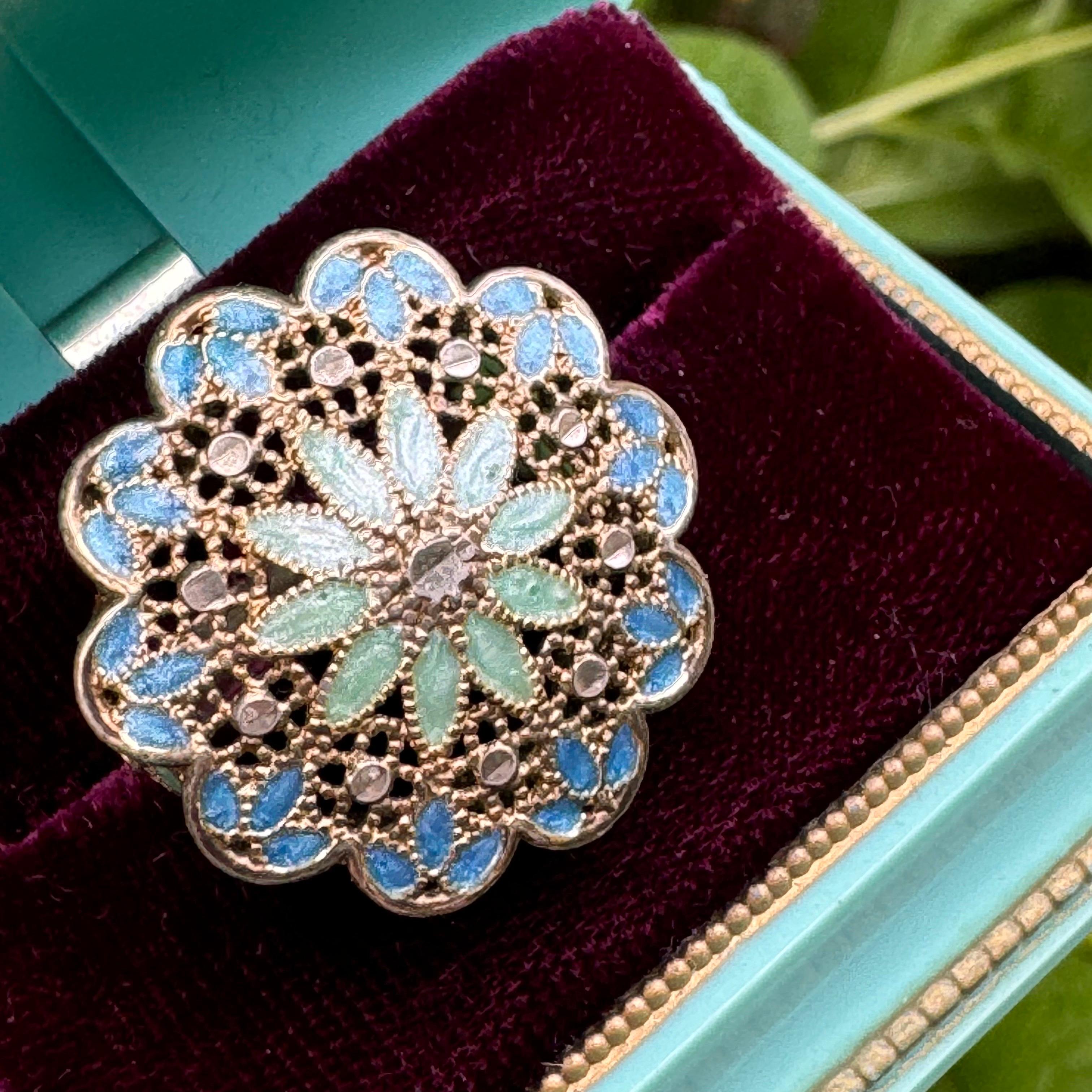 Women's Vintage Italian Gold Gilded Silver Enamel Ring For Sale