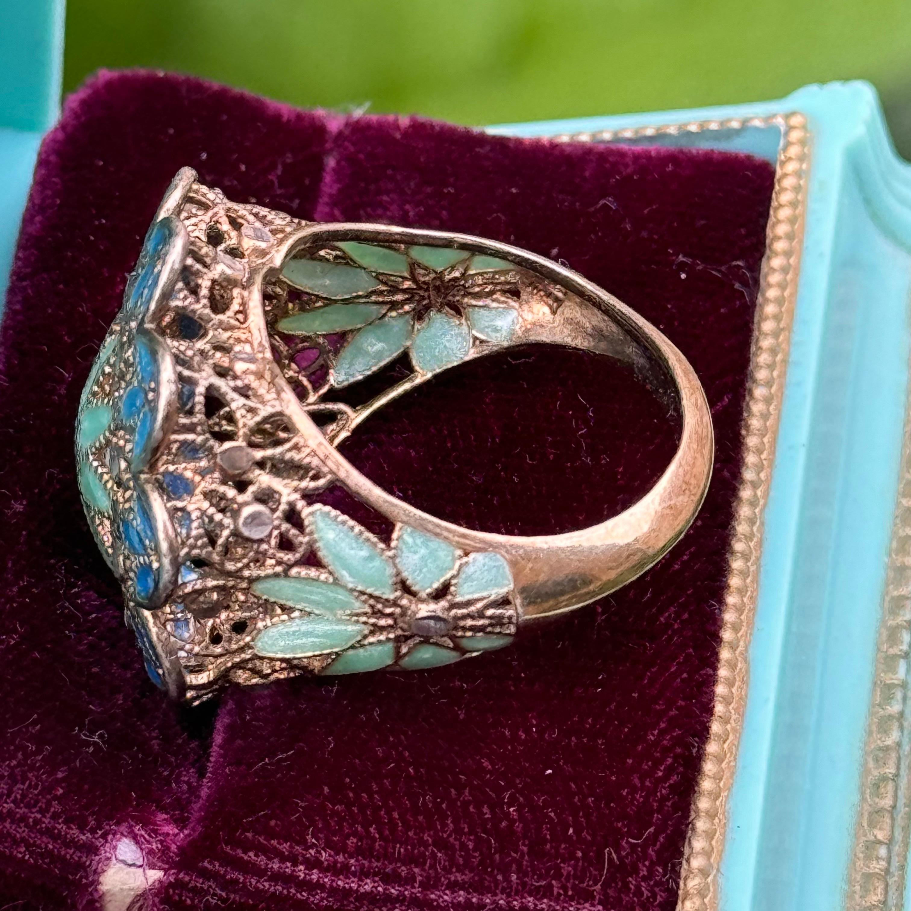 Vintage Italian Gold Gilded Silver Enamel Ring For Sale 1