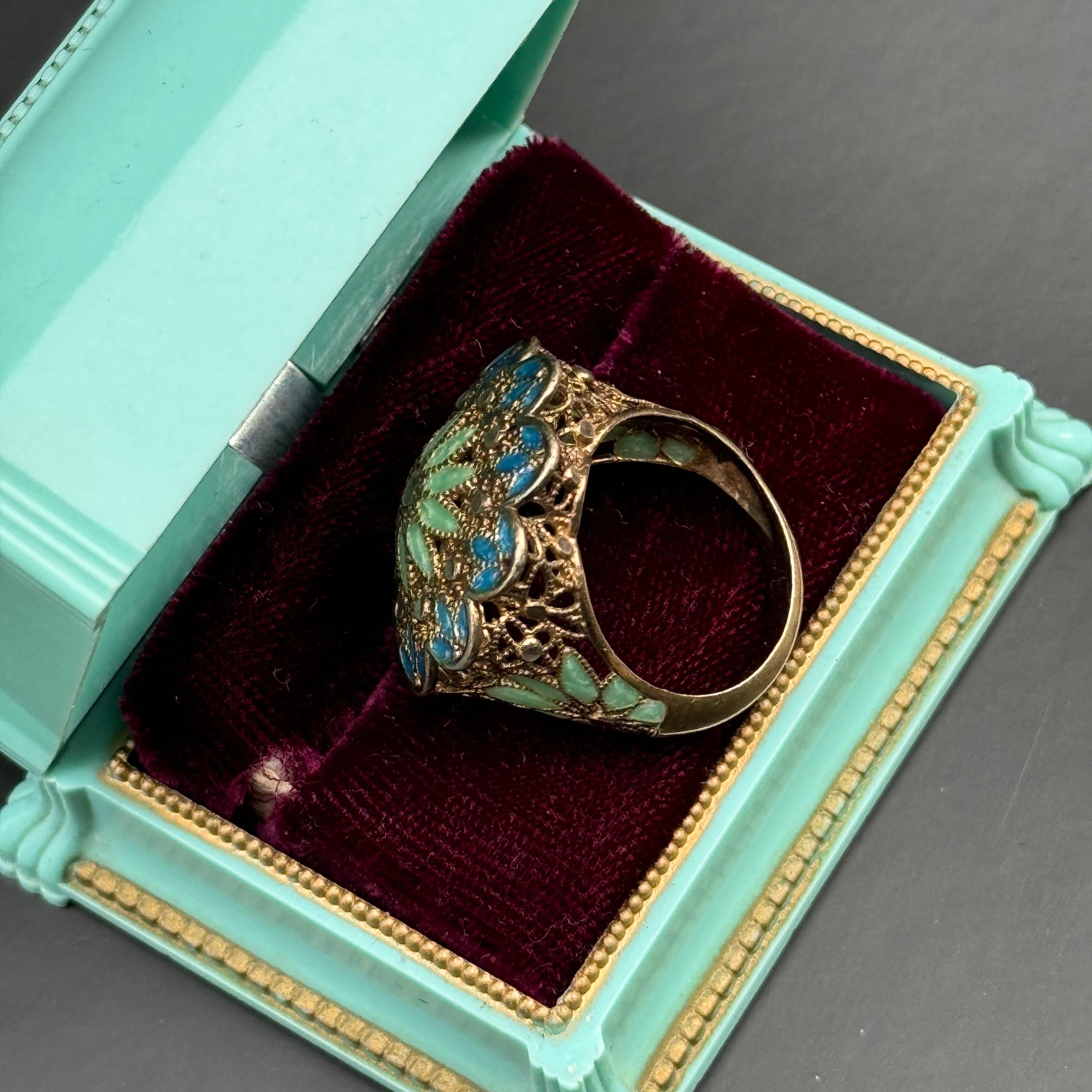 Vintage Italian Gold Gilded Silver Enamel Ring For Sale 2